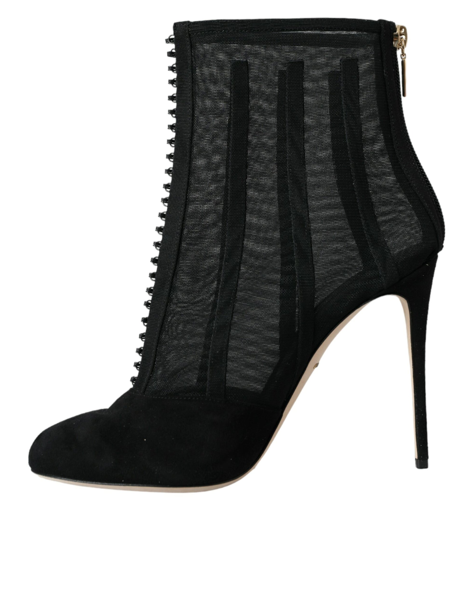 Black high heel boot with lace detailing and gold accents