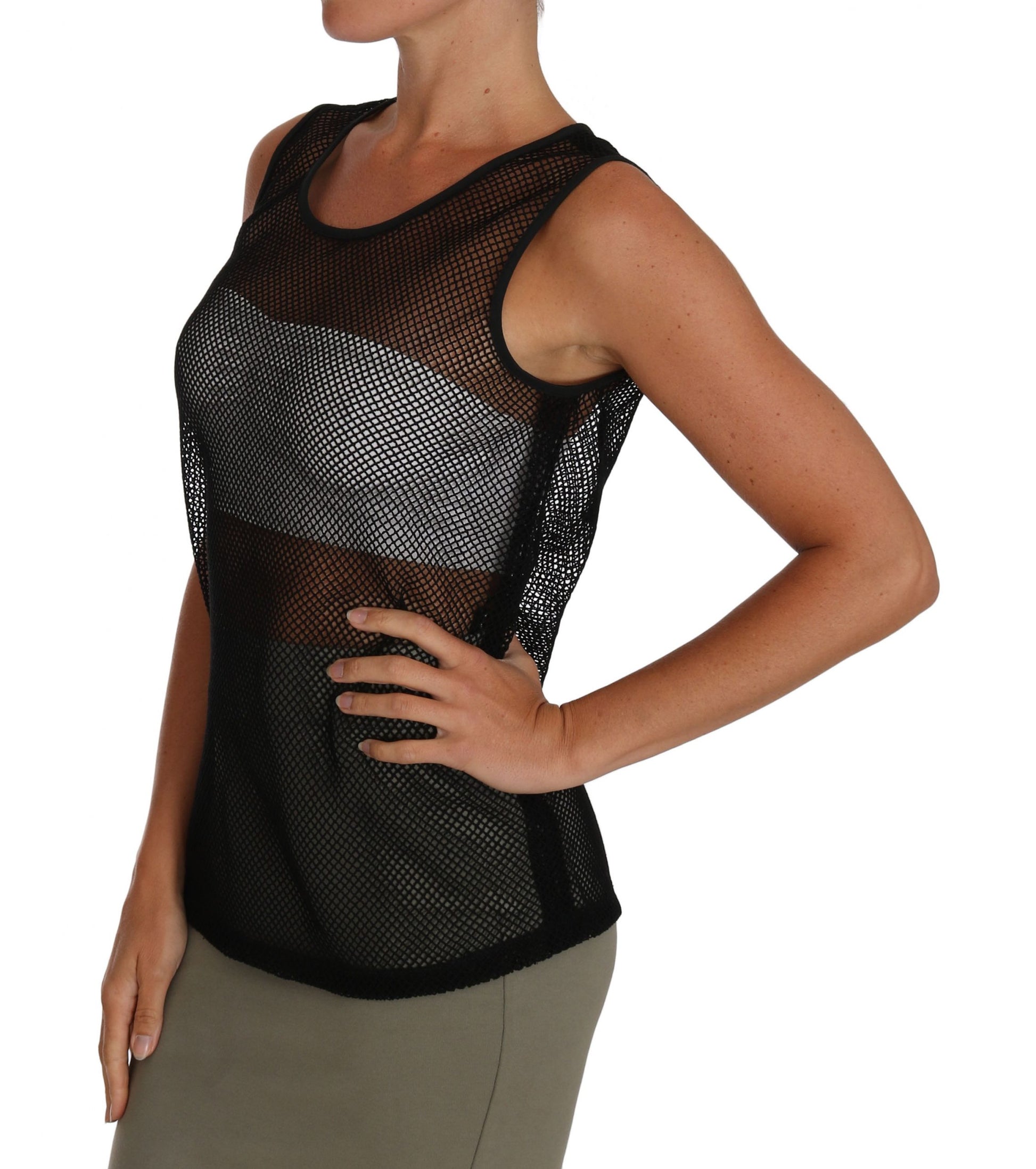 Woman wearing a mesh tank top