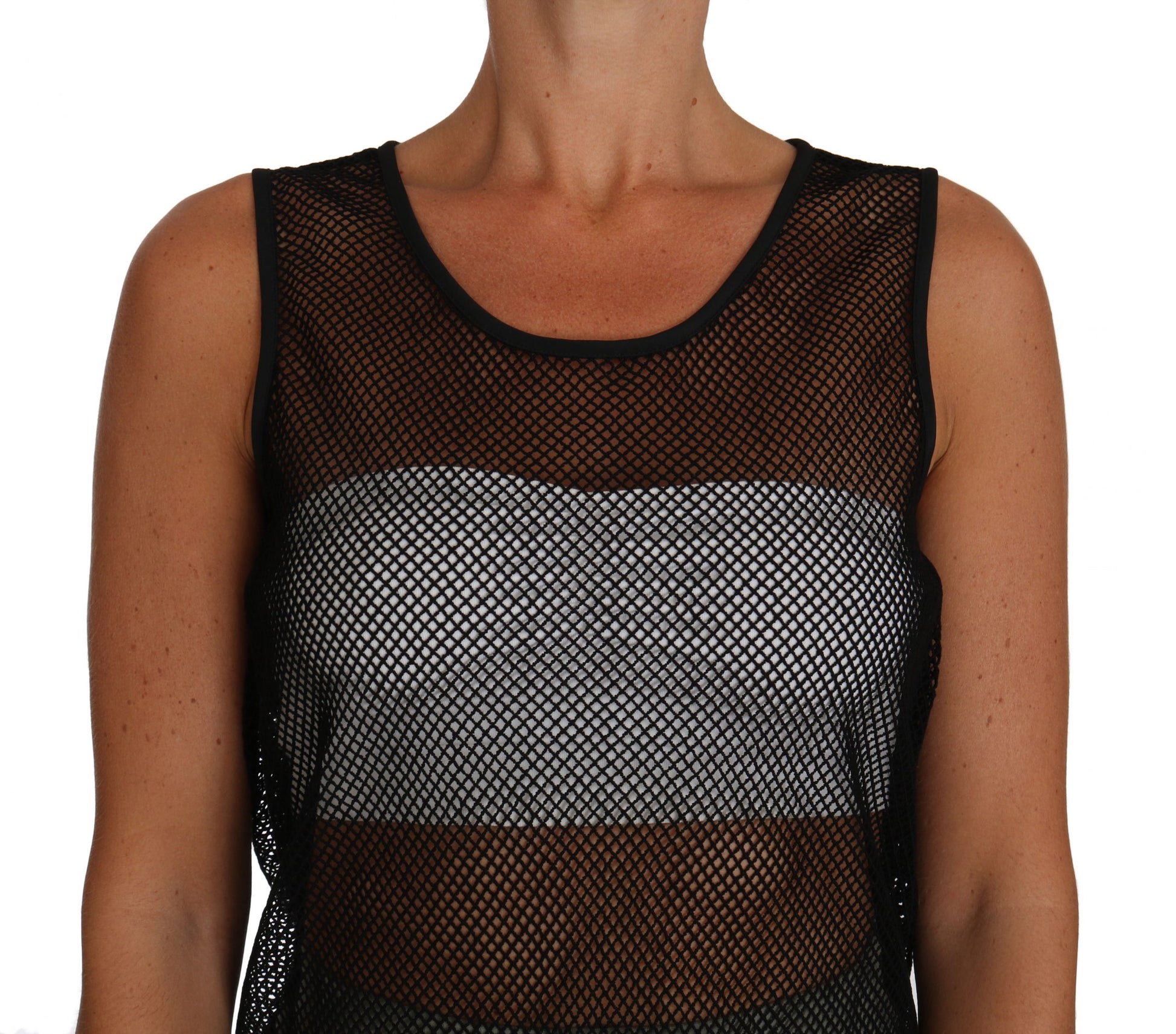 Black and white tank top with mesh panel on front