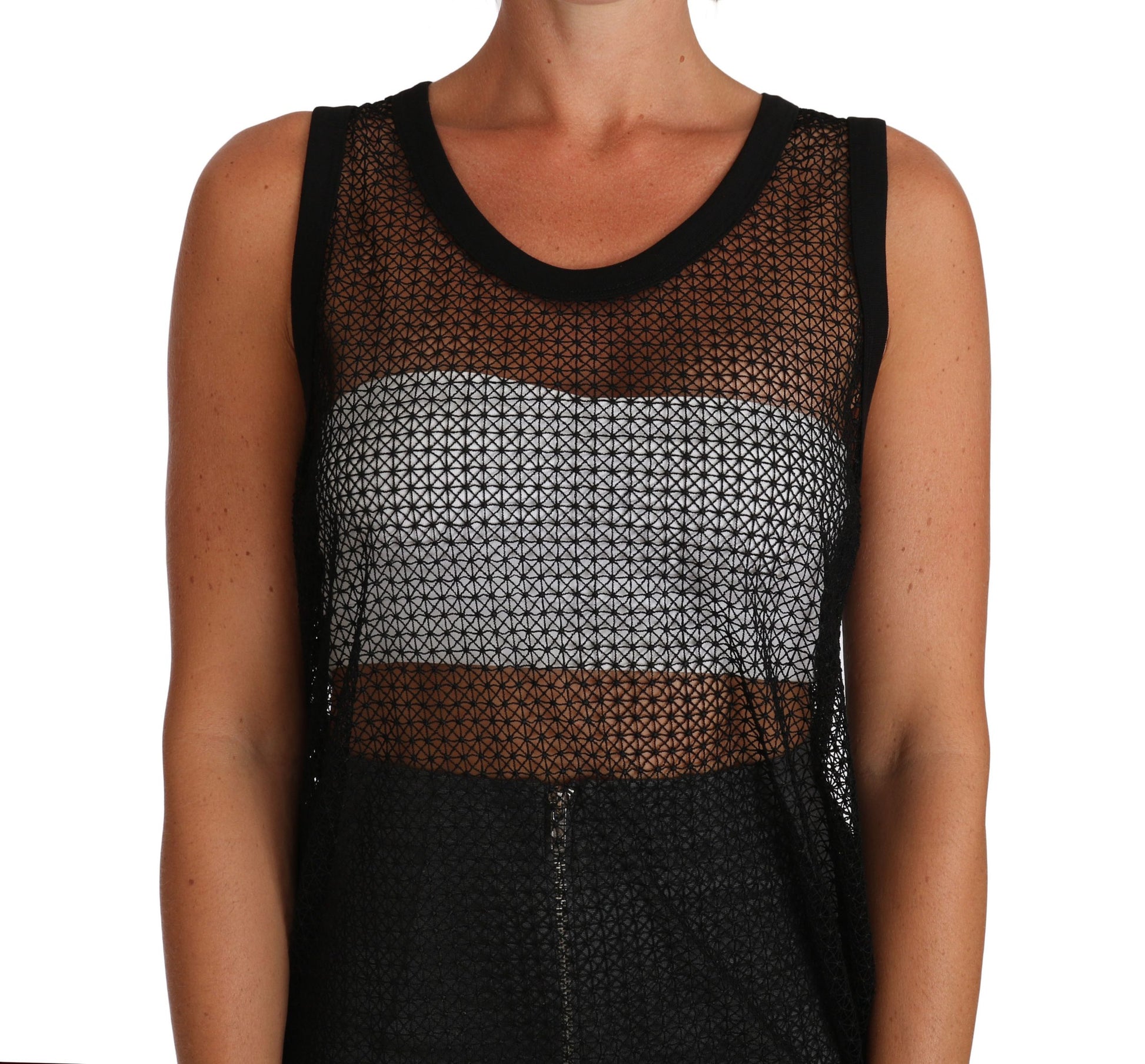Black and white tank top with mesh panel on front