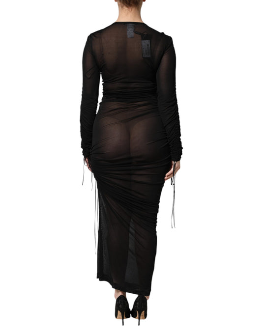 A black mesh trim bodycon long sheath dress with a high slit on the side