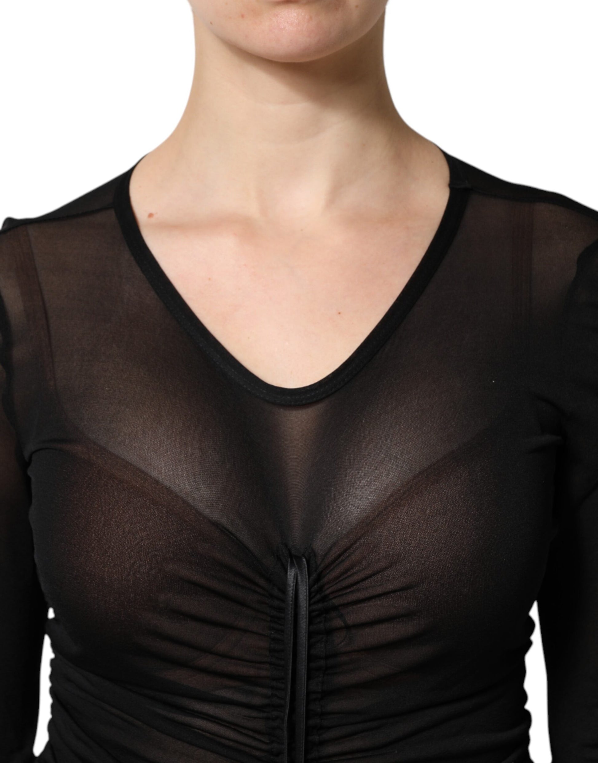 A black mesh trim bodycon long sheath dress