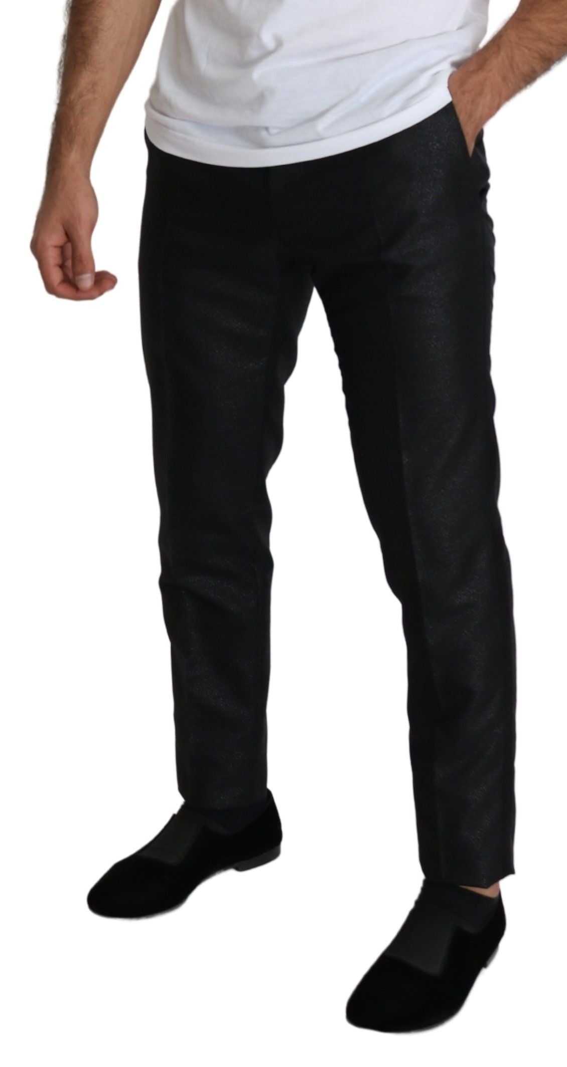 A pair of black metallic skinny trousers with a shiny finish