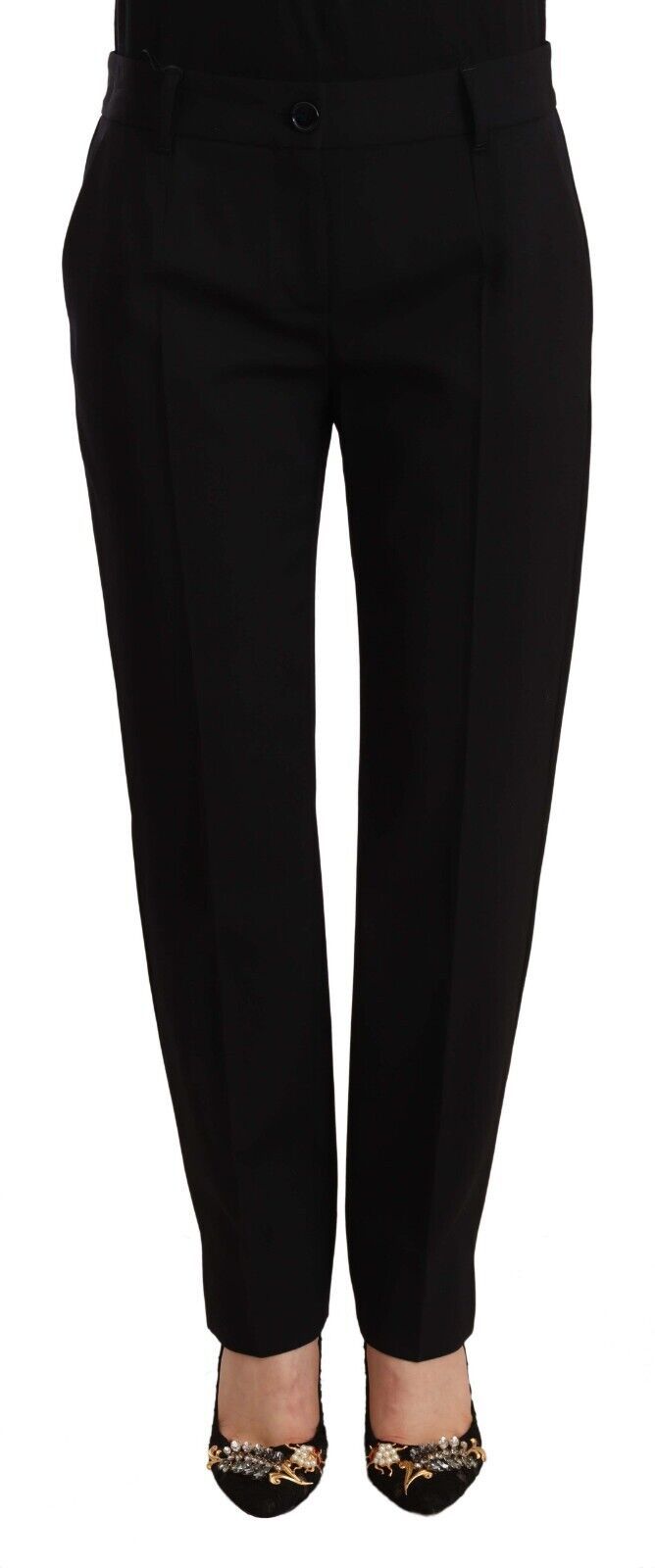 Pair of black trousers with a high waist and wide legs