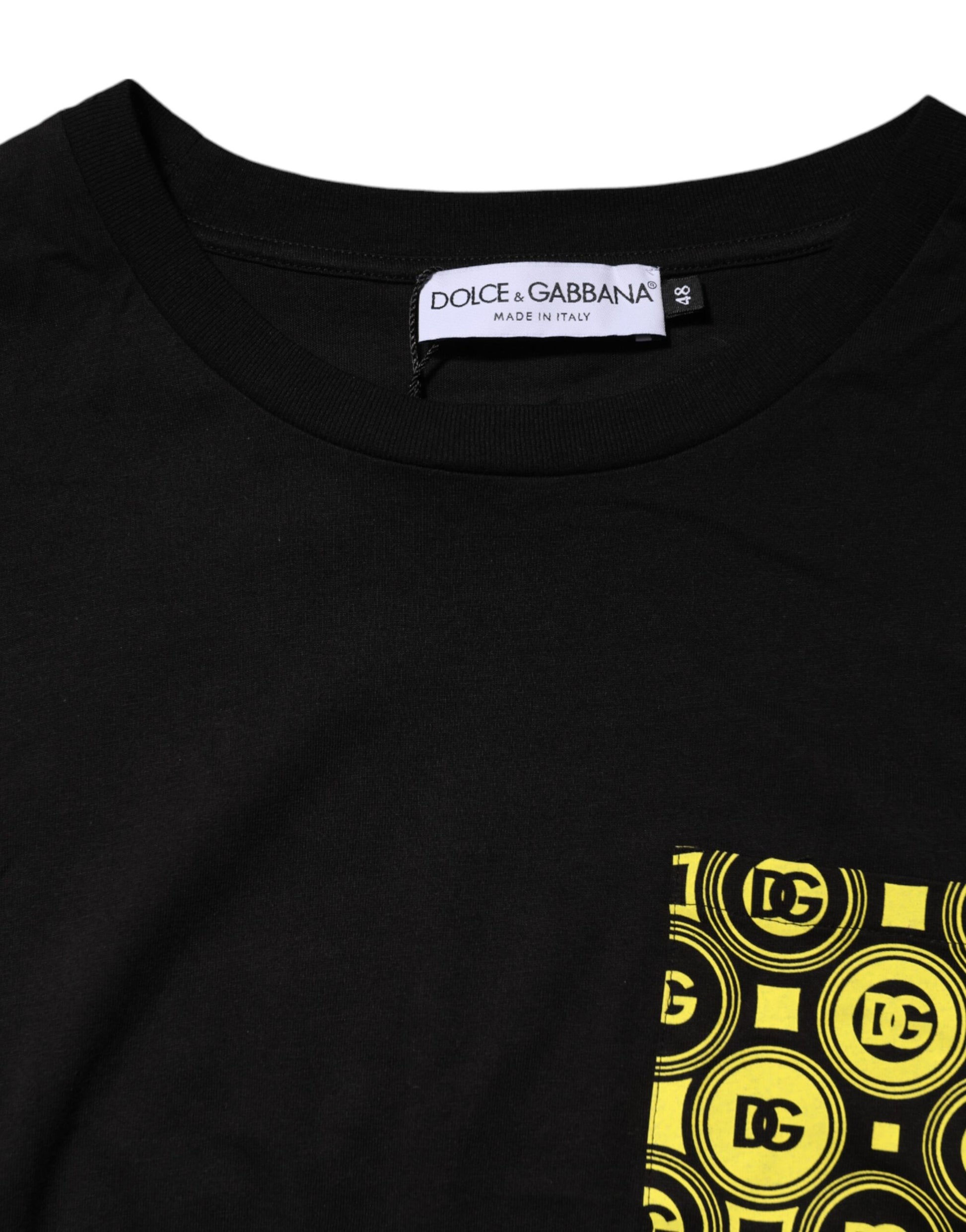 Black t-shirt with yellow logo on front pocket
