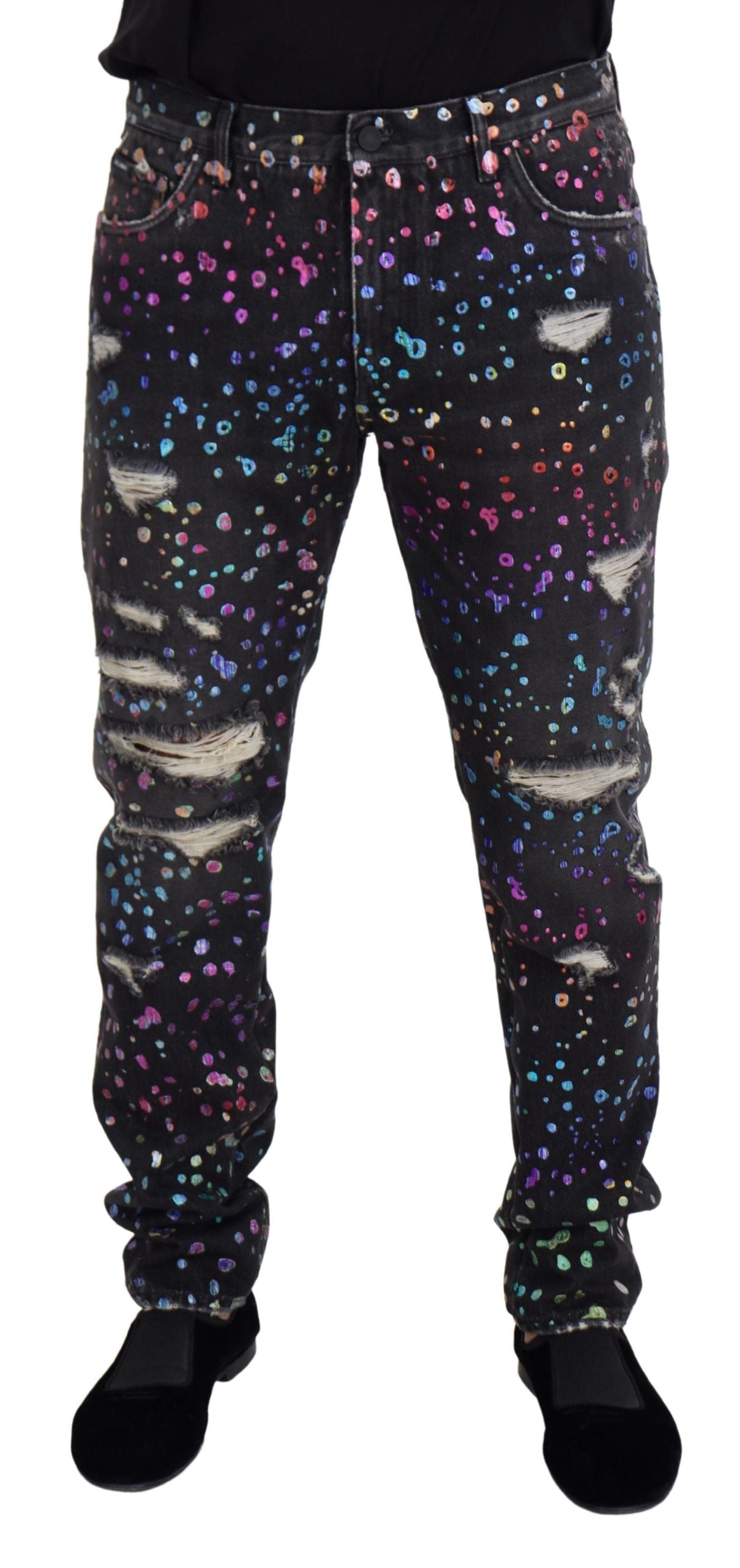 Pair of galaxy print pants with stars and planets