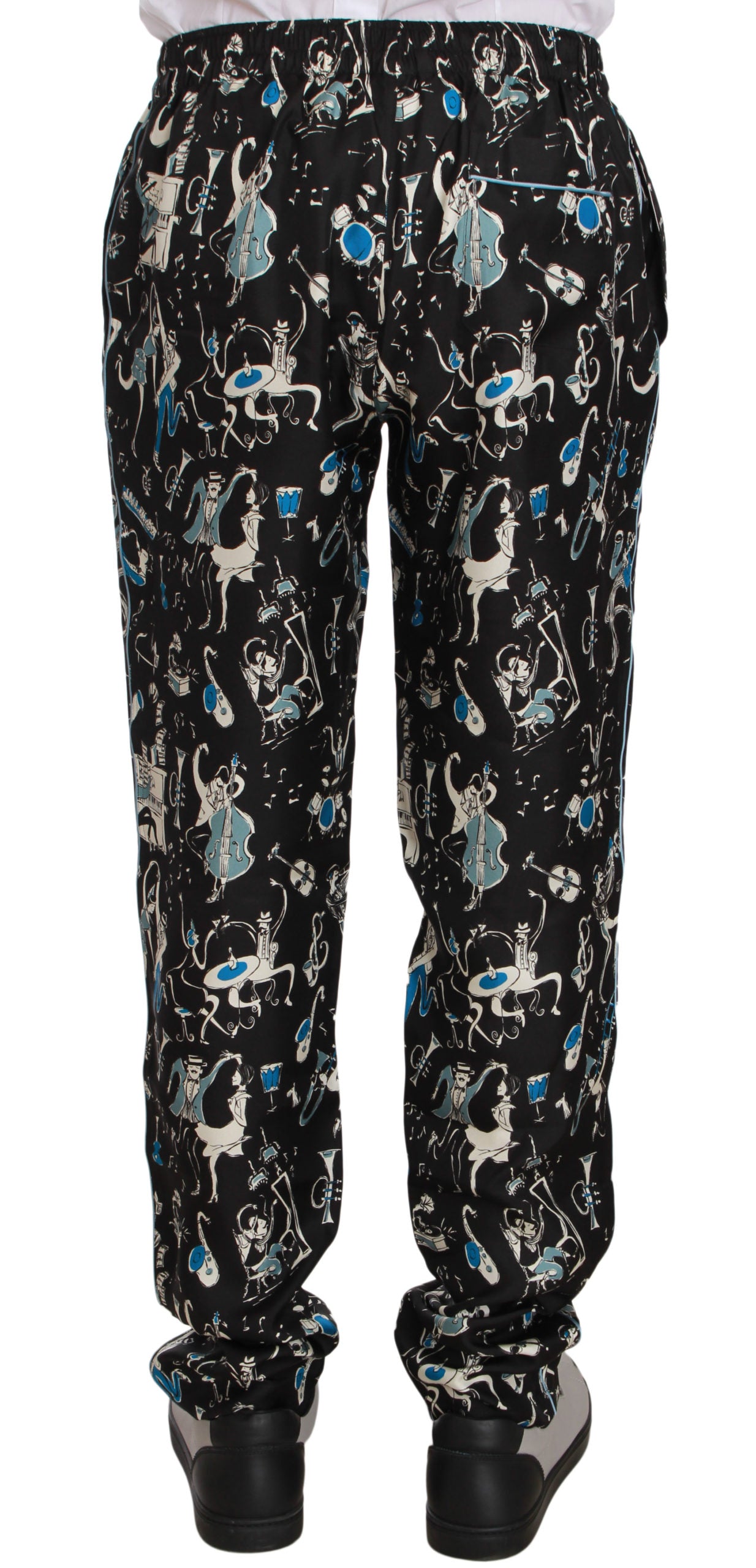 Pair of pants with a pattern featuring blue and white images