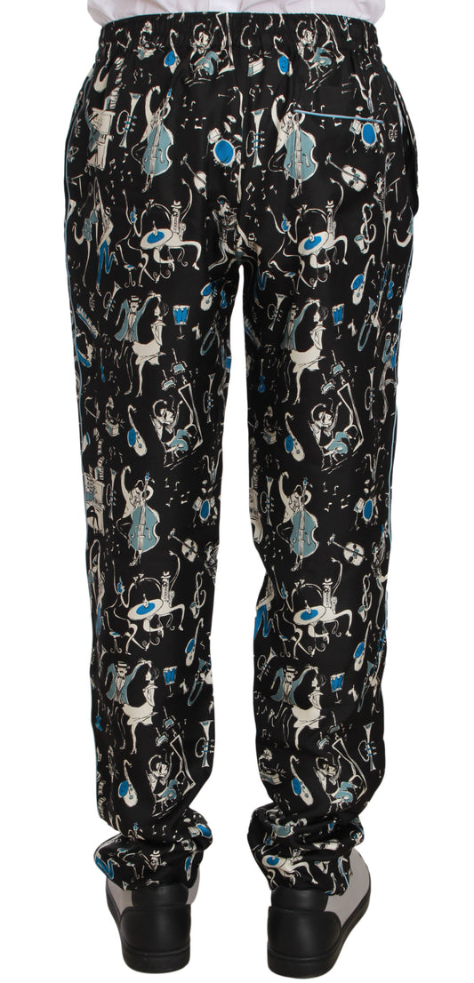 Pair of pants with a pattern featuring blue and white images