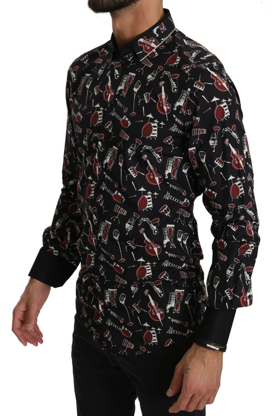Long sleeve shirt with a pattern featuring red and black elements