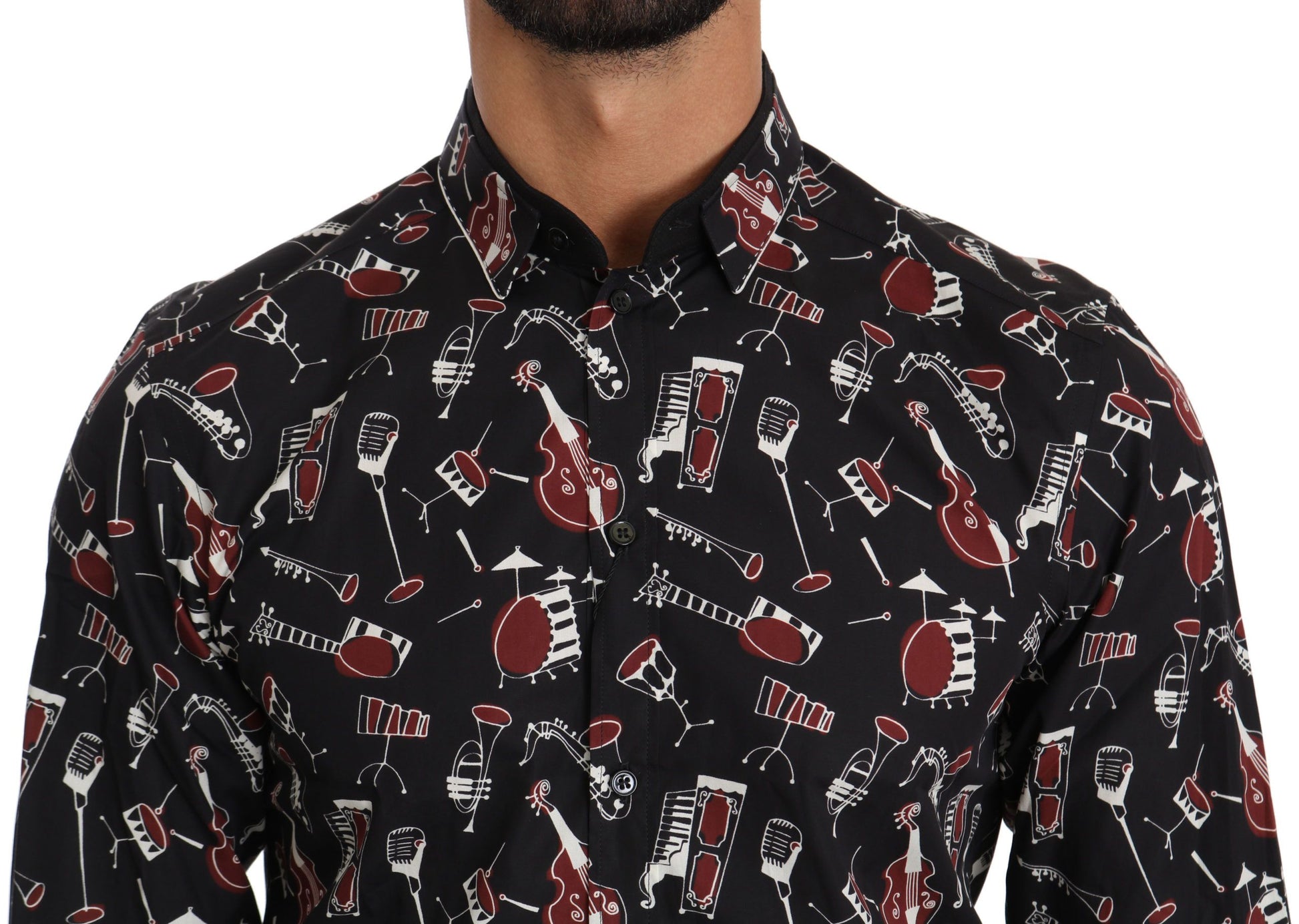Black shirt with red and white guitar design