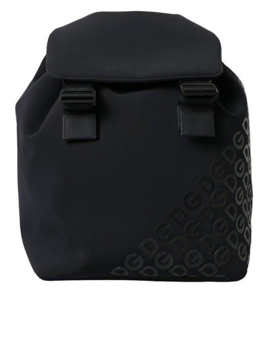 Black backpack with straps and a logo on the side