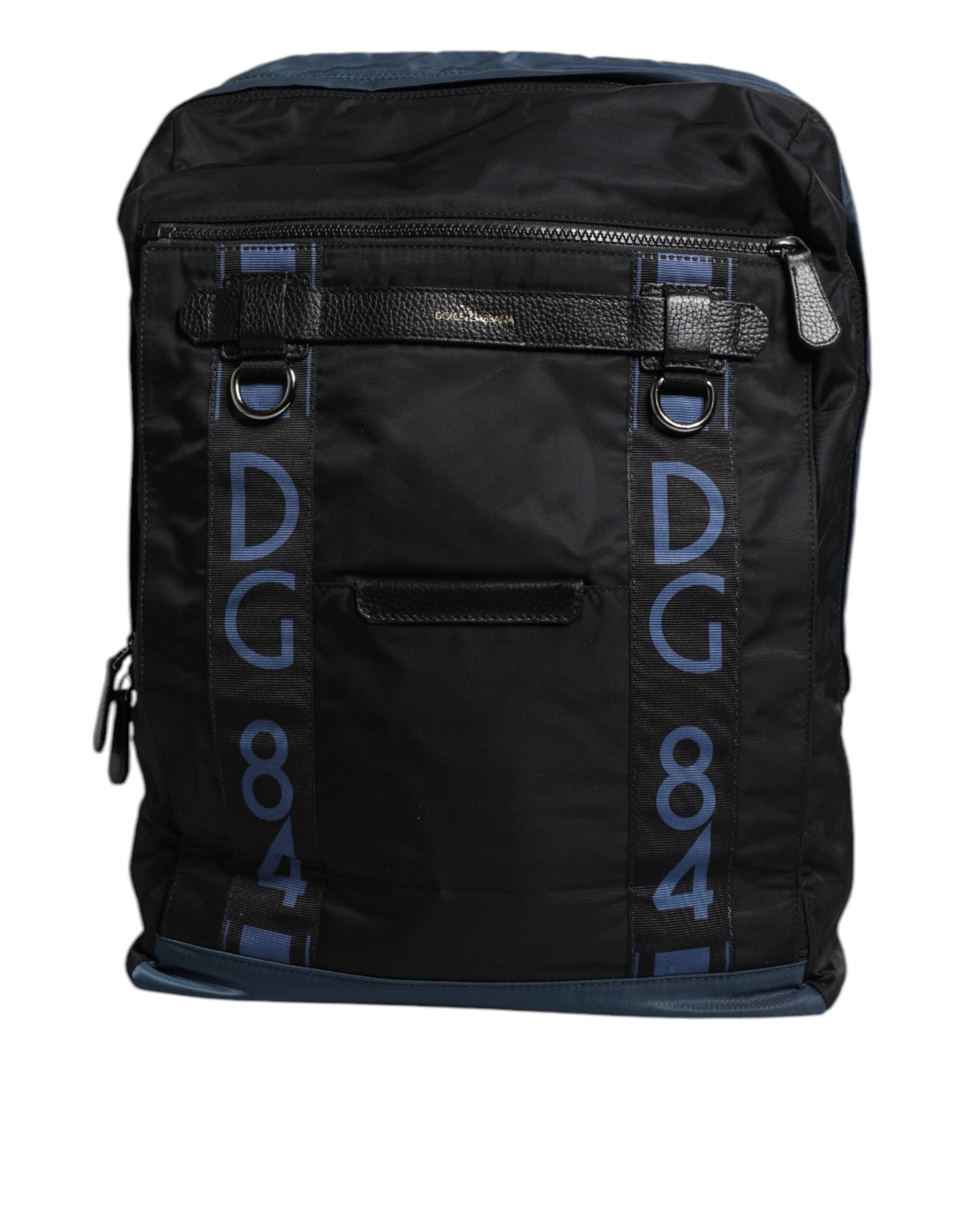 Black backpack with blue letters and numbers on side
