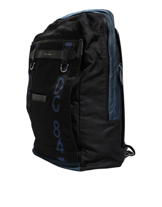 Black backpack with blue lettering on front