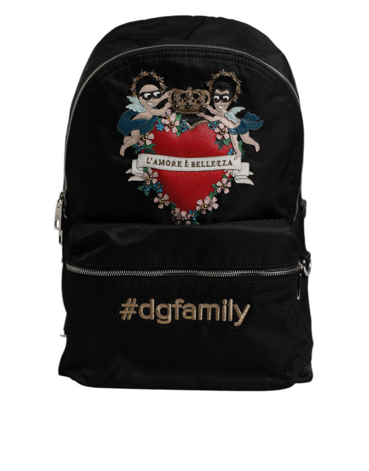 Black backpack with heart design on front