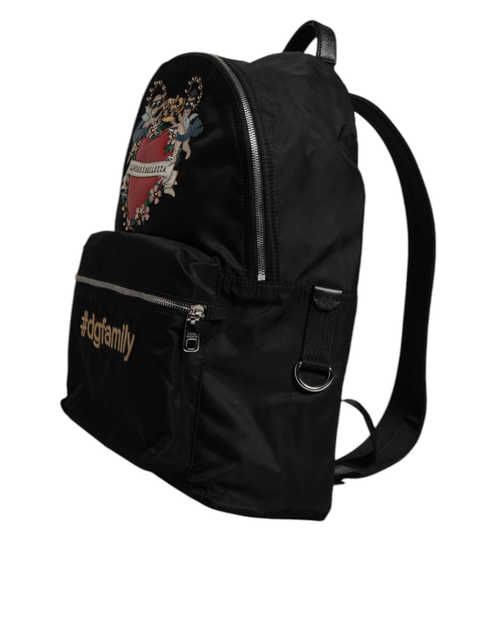 Black backpack with zippered pockets and a logo on the front