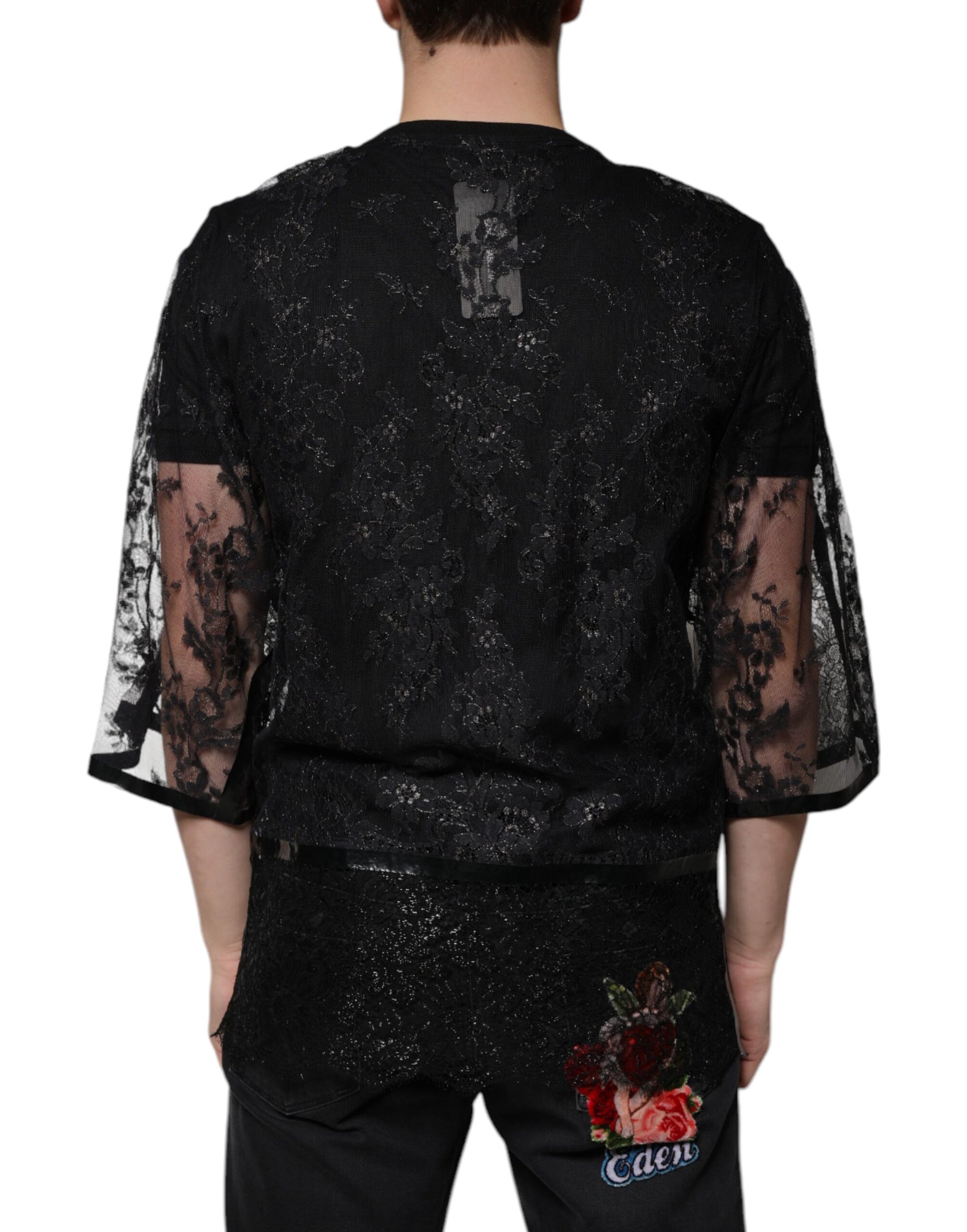 Black lace backless top with floral embroidery on sleeve