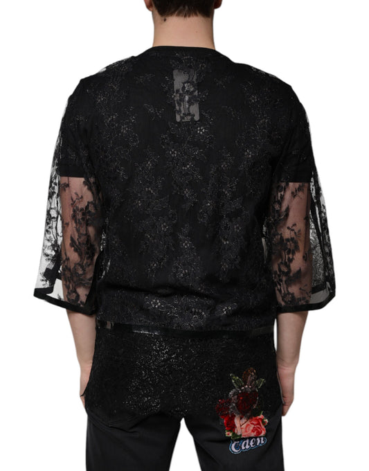 Black lace backless top with floral embroidery on sleeve