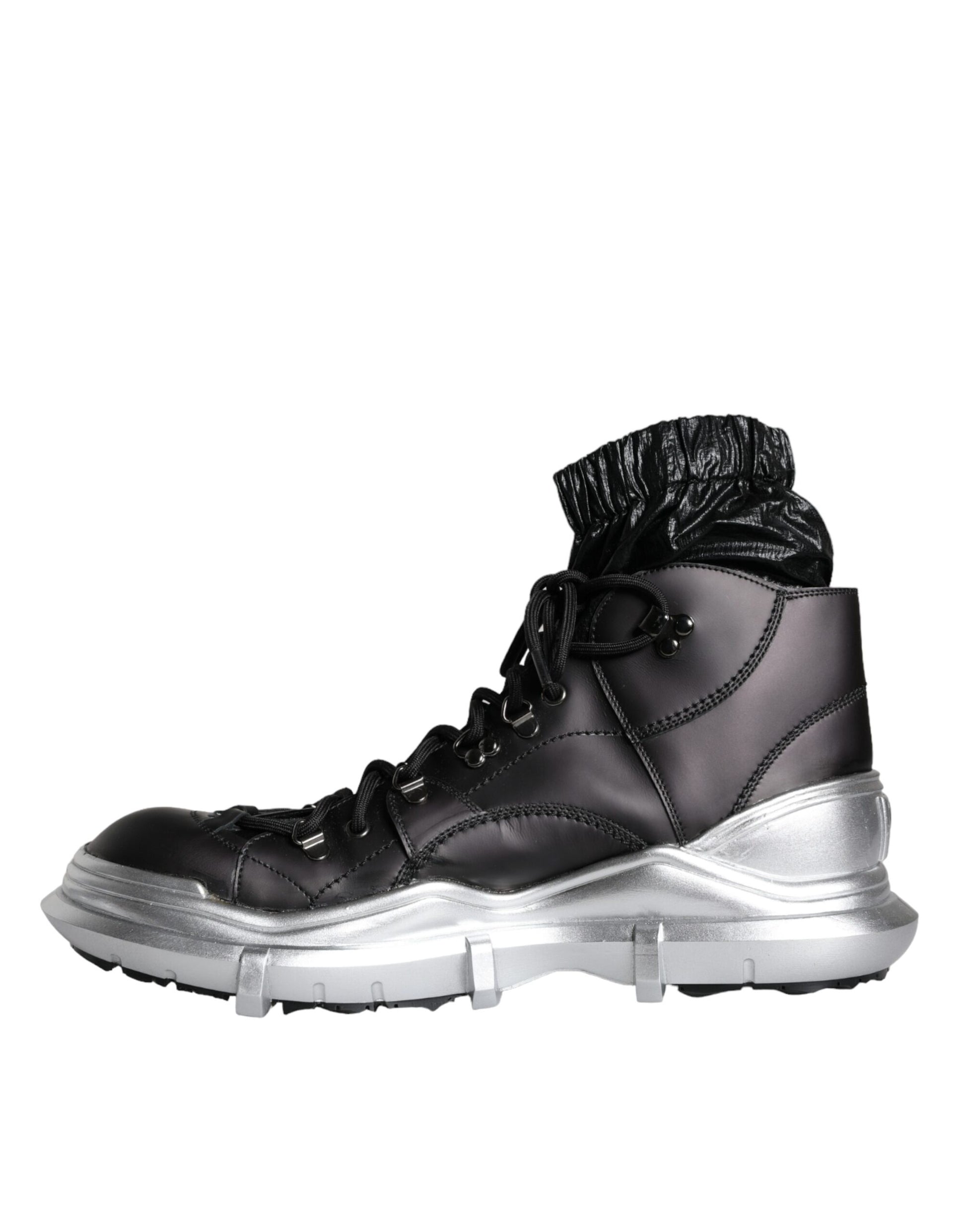 Black and silver athletic boot with laces and cleats