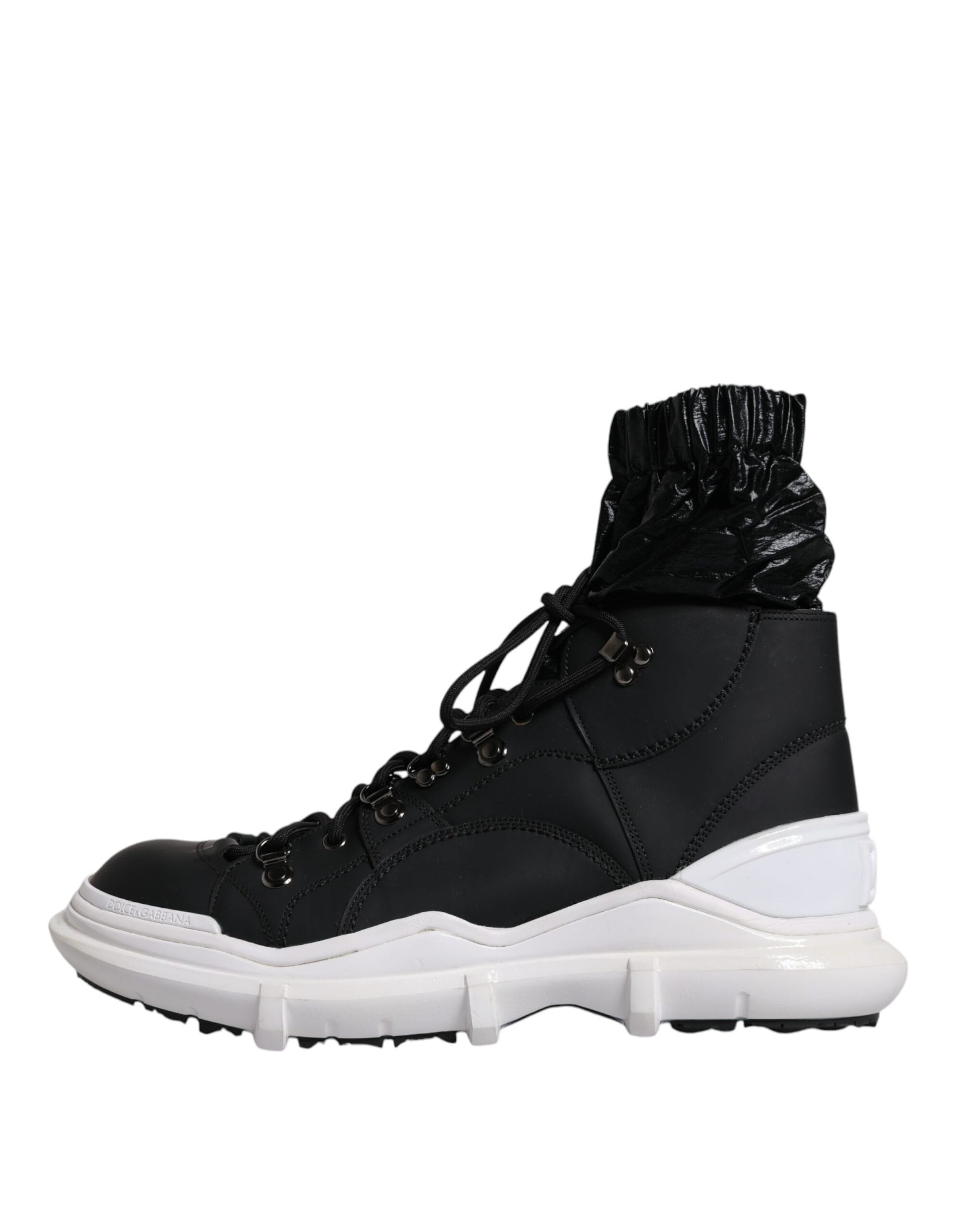 Black and white hiking boot with laces and a pull tab on top
