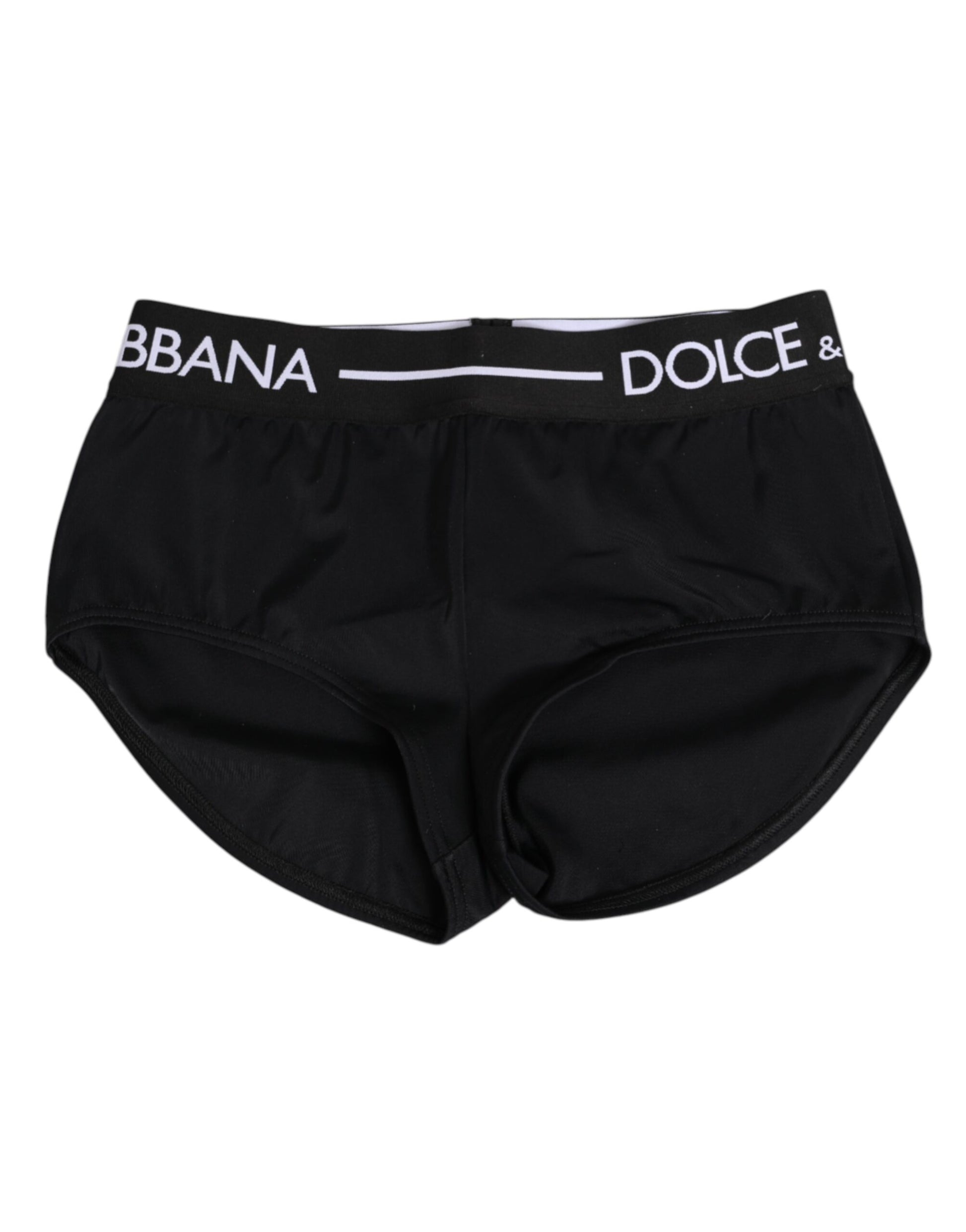 Black nylon waistband shorts with white logo text
