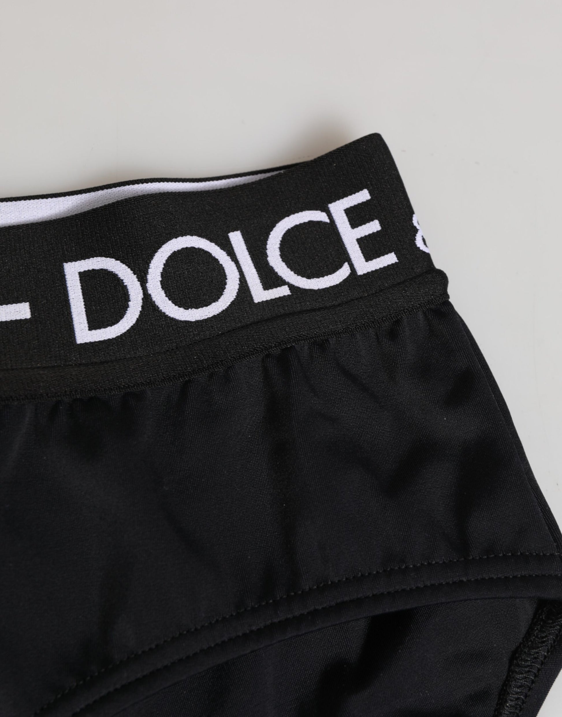 Black nylon underwear with white logo waistband