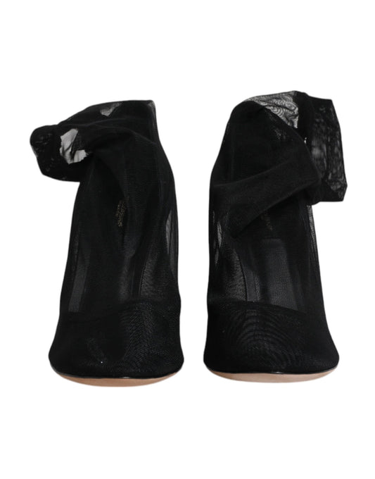 Pair of black high heel shoes with straps