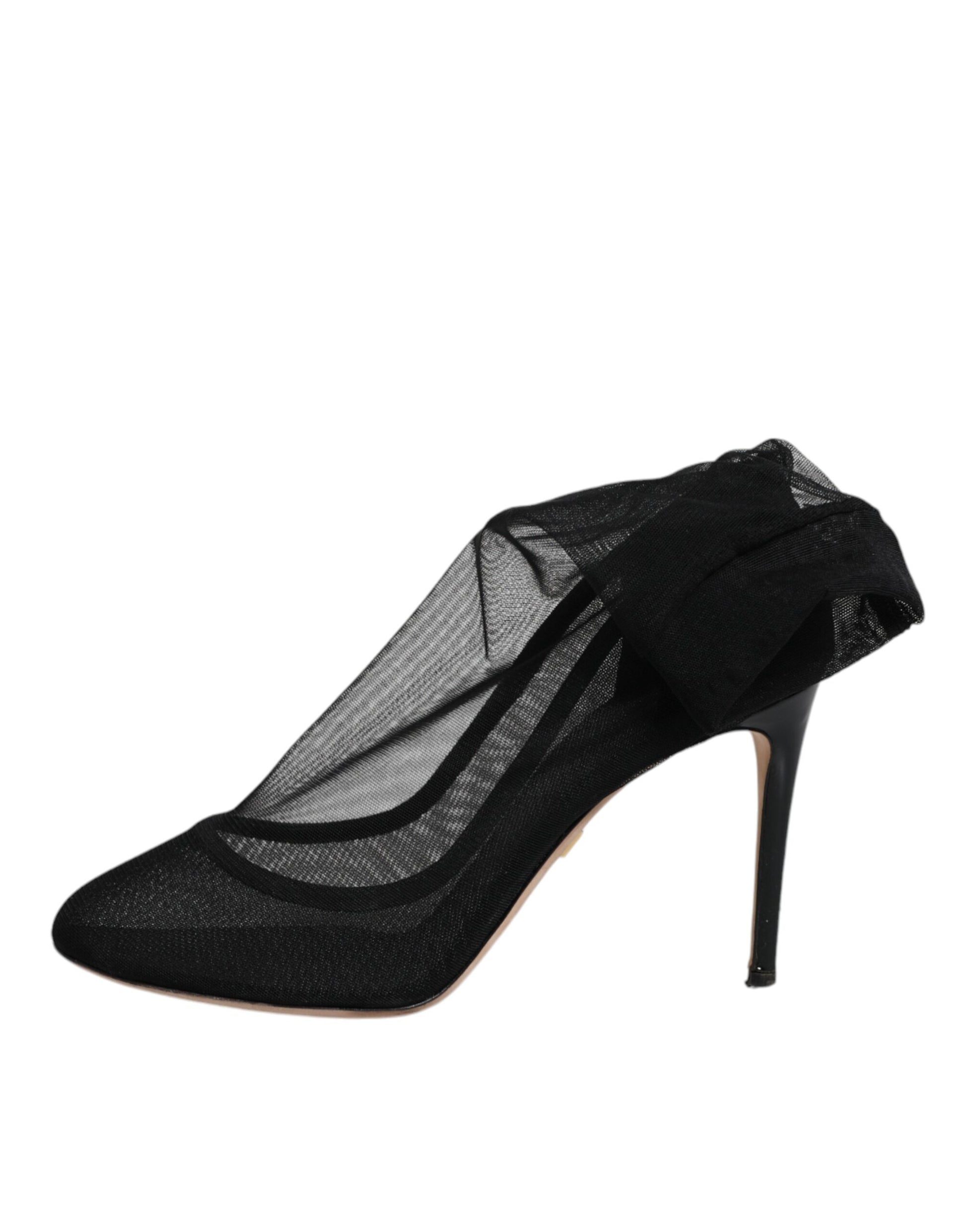 Black high heel shoes with mesh design on toe