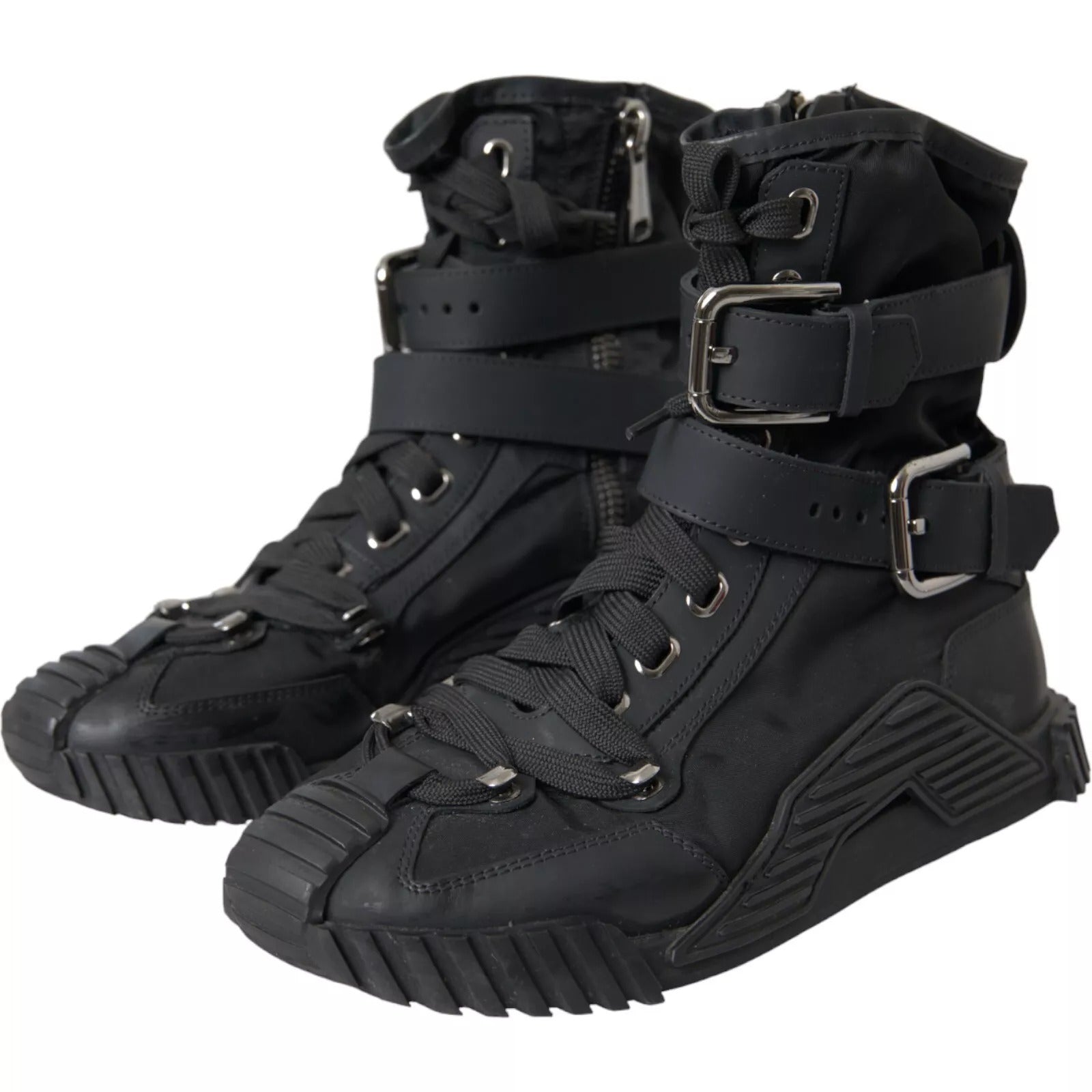 Pair of black boots with laces and straps