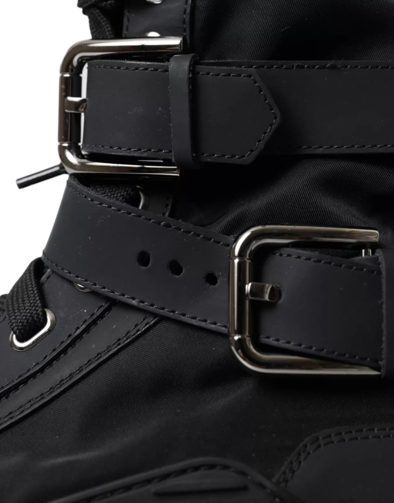 Black leather boot with silver buckles