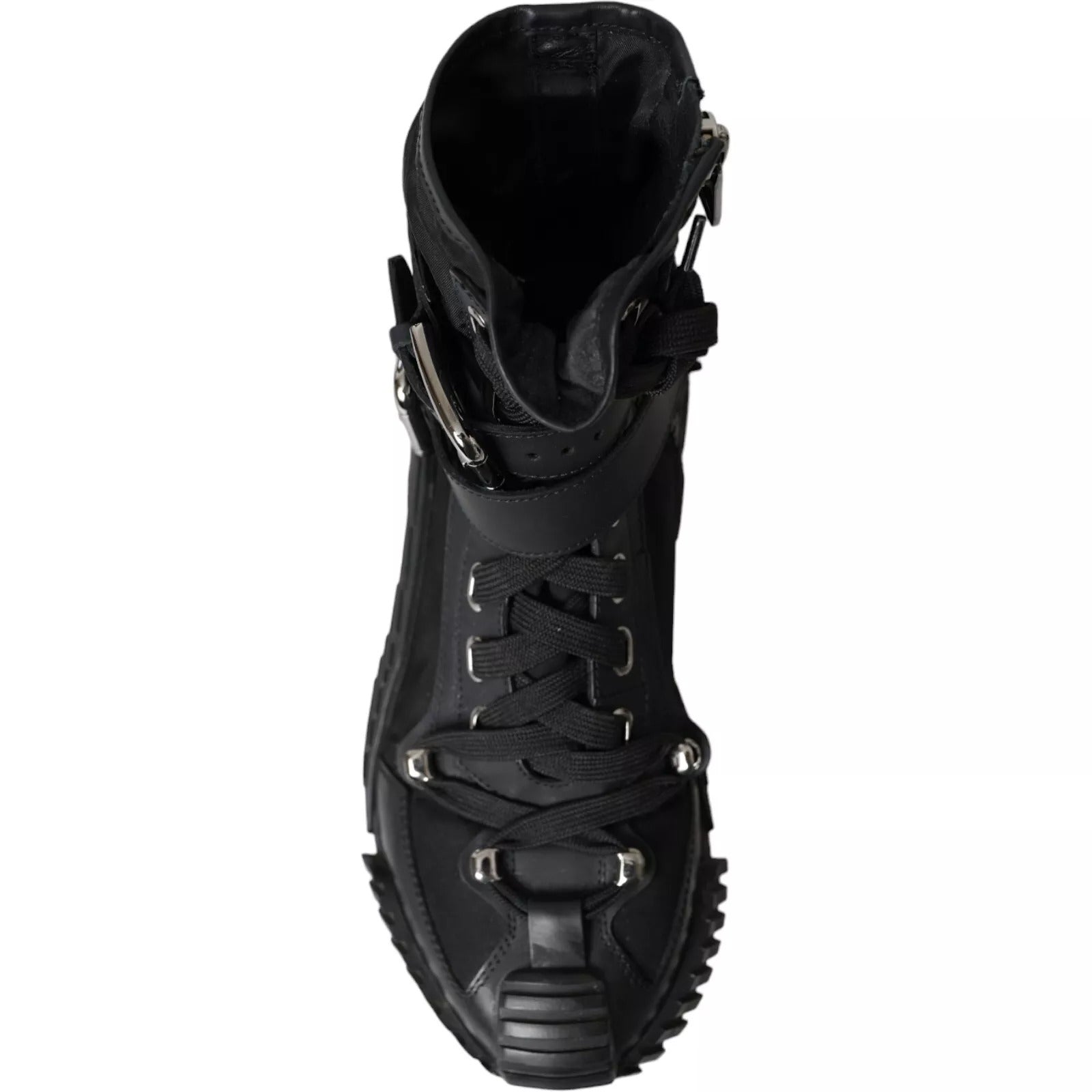 Black boot with laces and buckles