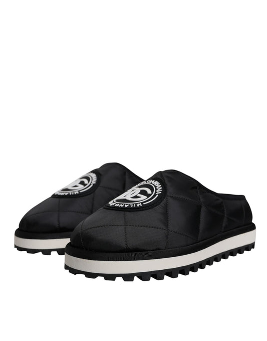 Pair of black slippers with white soles