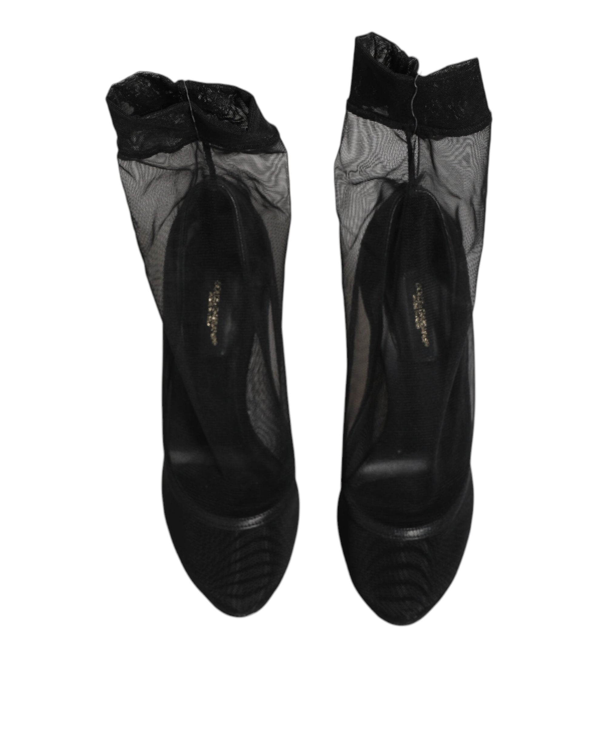 Pair of black high heel shoes with lace detailing