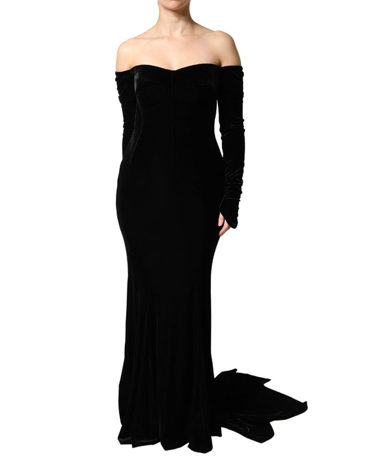 A long black off-shoulder bodycon gown dress with ruffled sleeves