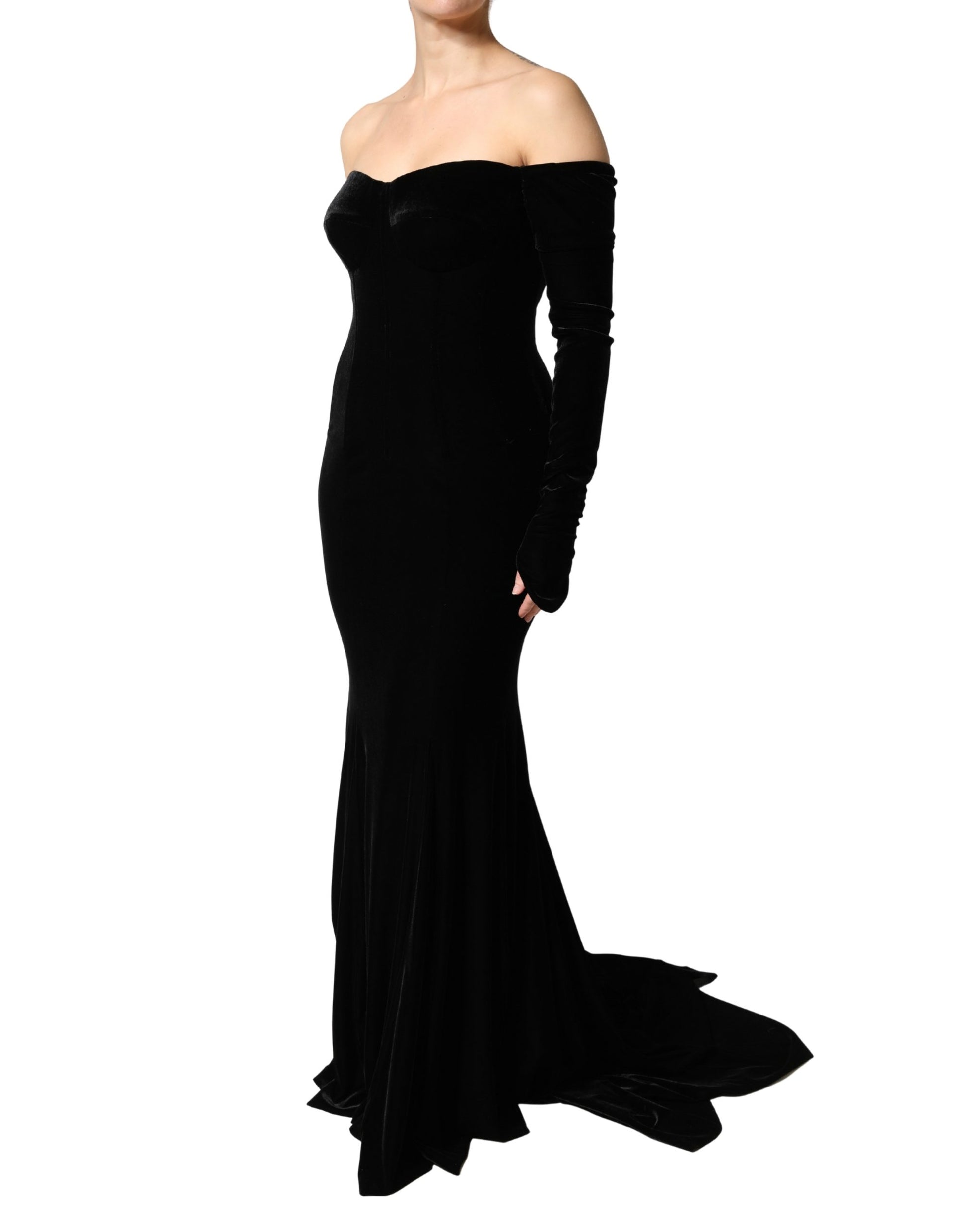 A long black off-shoulder bodycon gown dress with ruffled sleeves