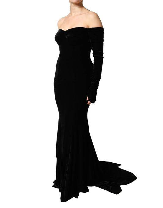 A long black off-shoulder bodycon gown dress with ruffled sleeves