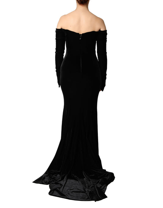A long black off-shoulder bodycon gown dress with ruffled sleeves