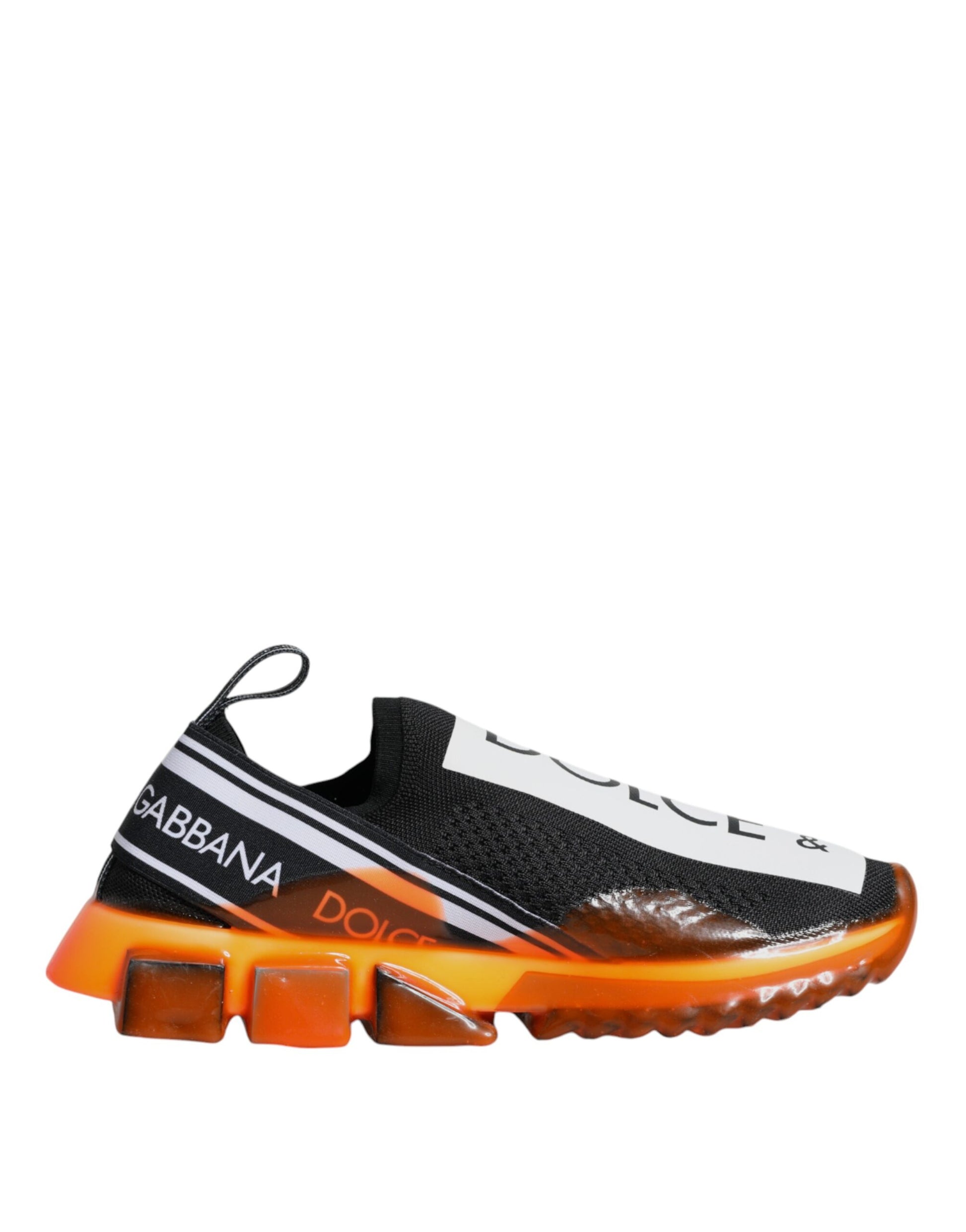 Black and orange athletic shoe with white laces