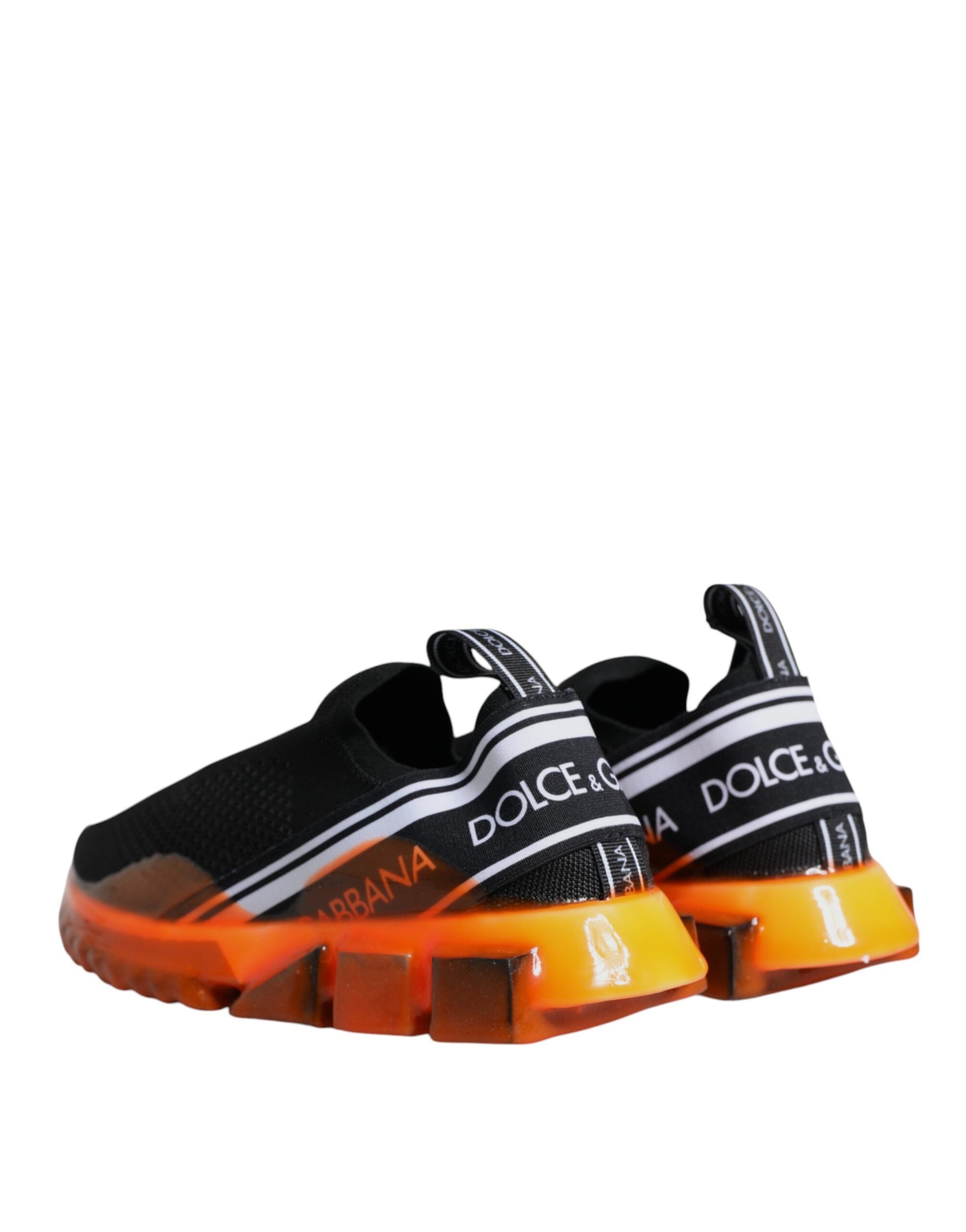 Pair of sneakers with orange and black colors, featuring a logo on the side