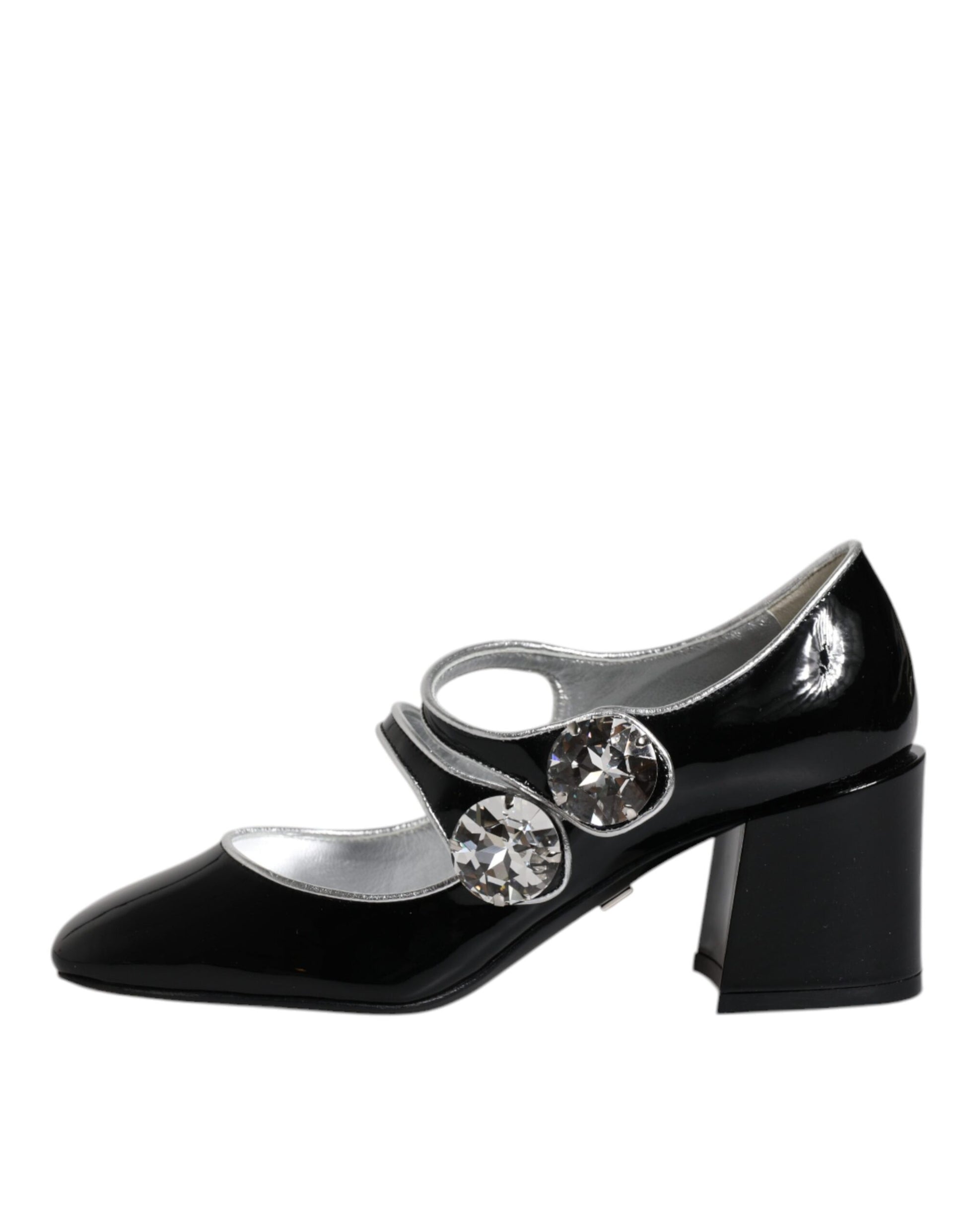 Black shoe with silver accents and rhinestones on heel