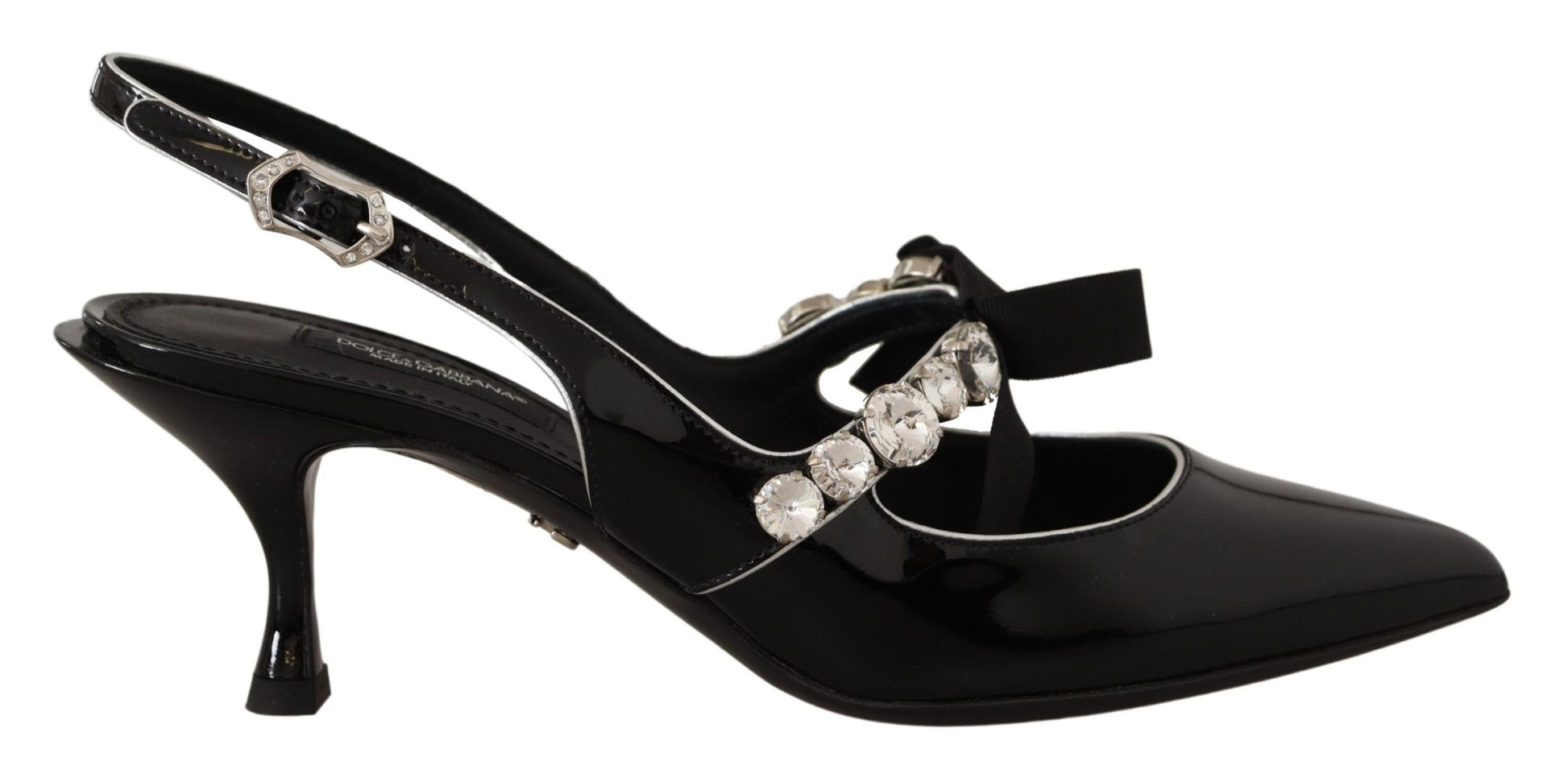 Black high heel shoe with rhinestones and a bow on top