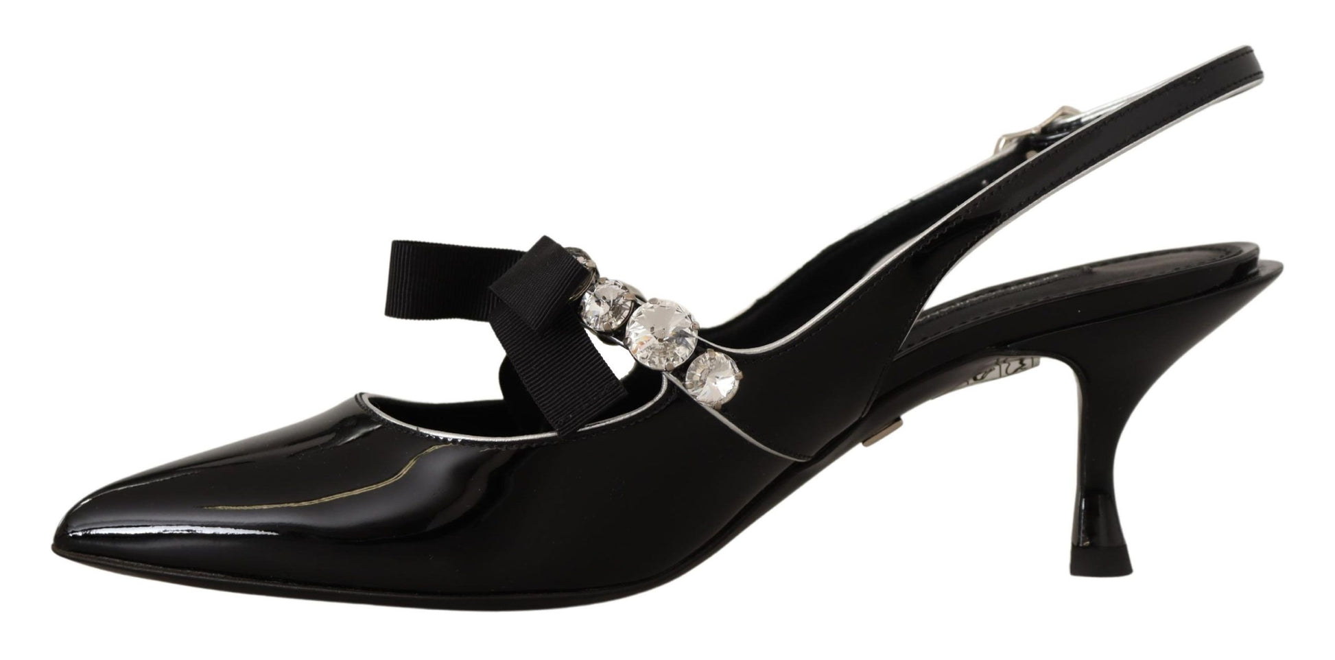 Black high heel shoes with rhinestones and a bow on the toe