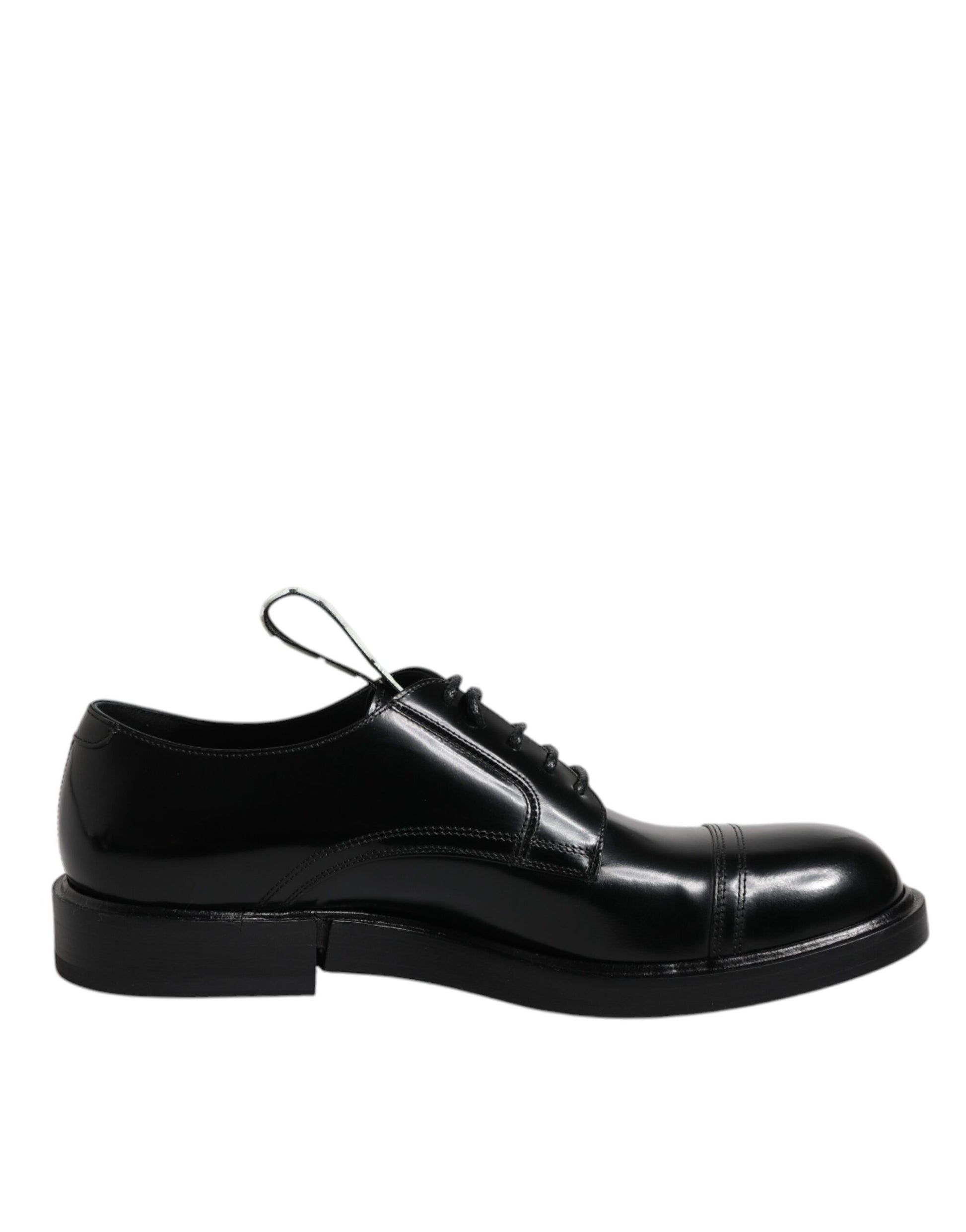 A pair of black patent leather dress shoes with laces, featuring a sturdy heel and toe