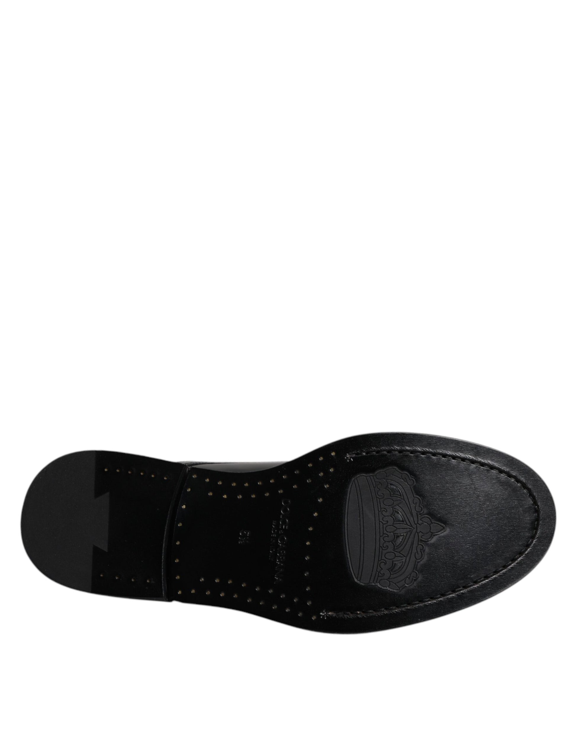 A black patent leather dress shoe with laces, featuring a logo on the side