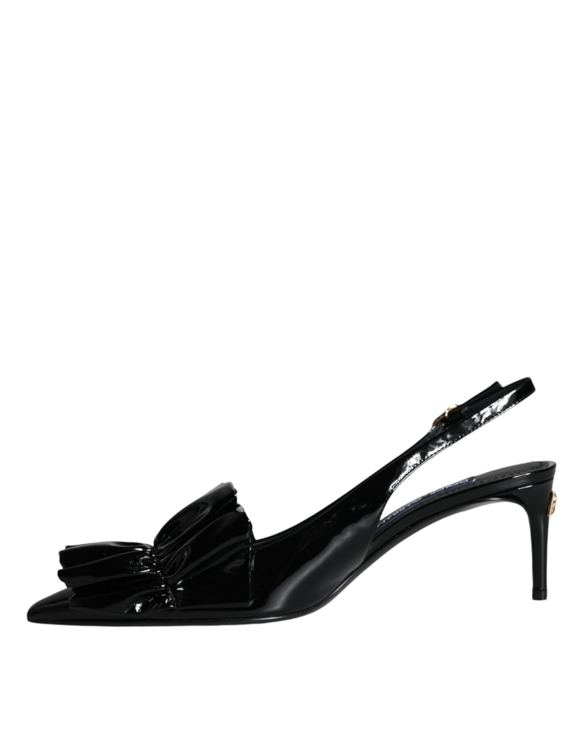 Black high heel shoe with bow detail on toe