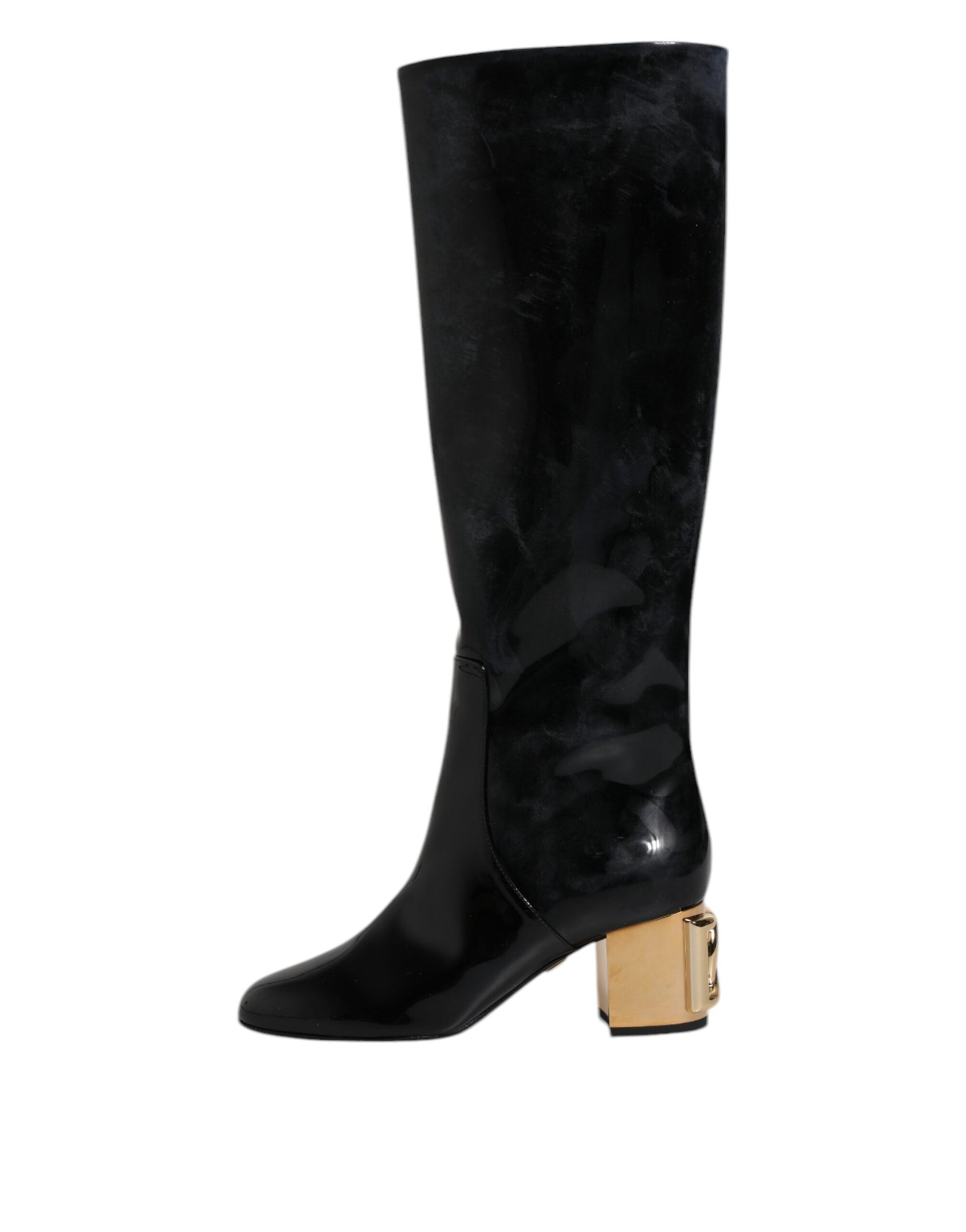Black knee high boot with gold buckle