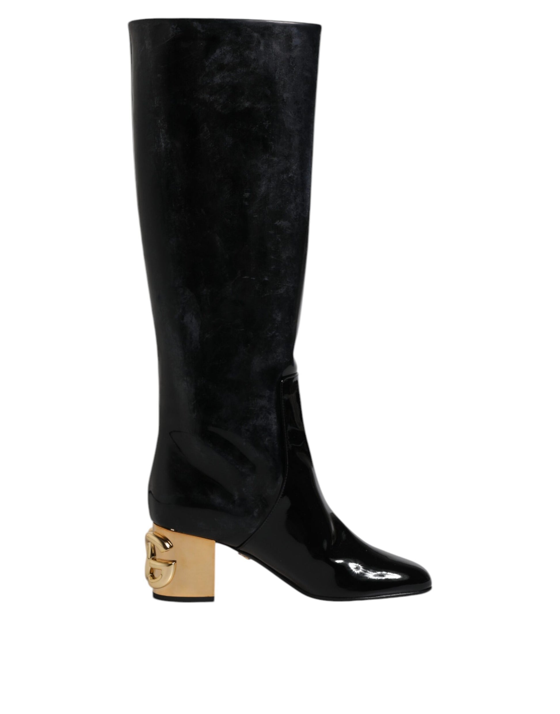 Black knee high boot with gold heel
