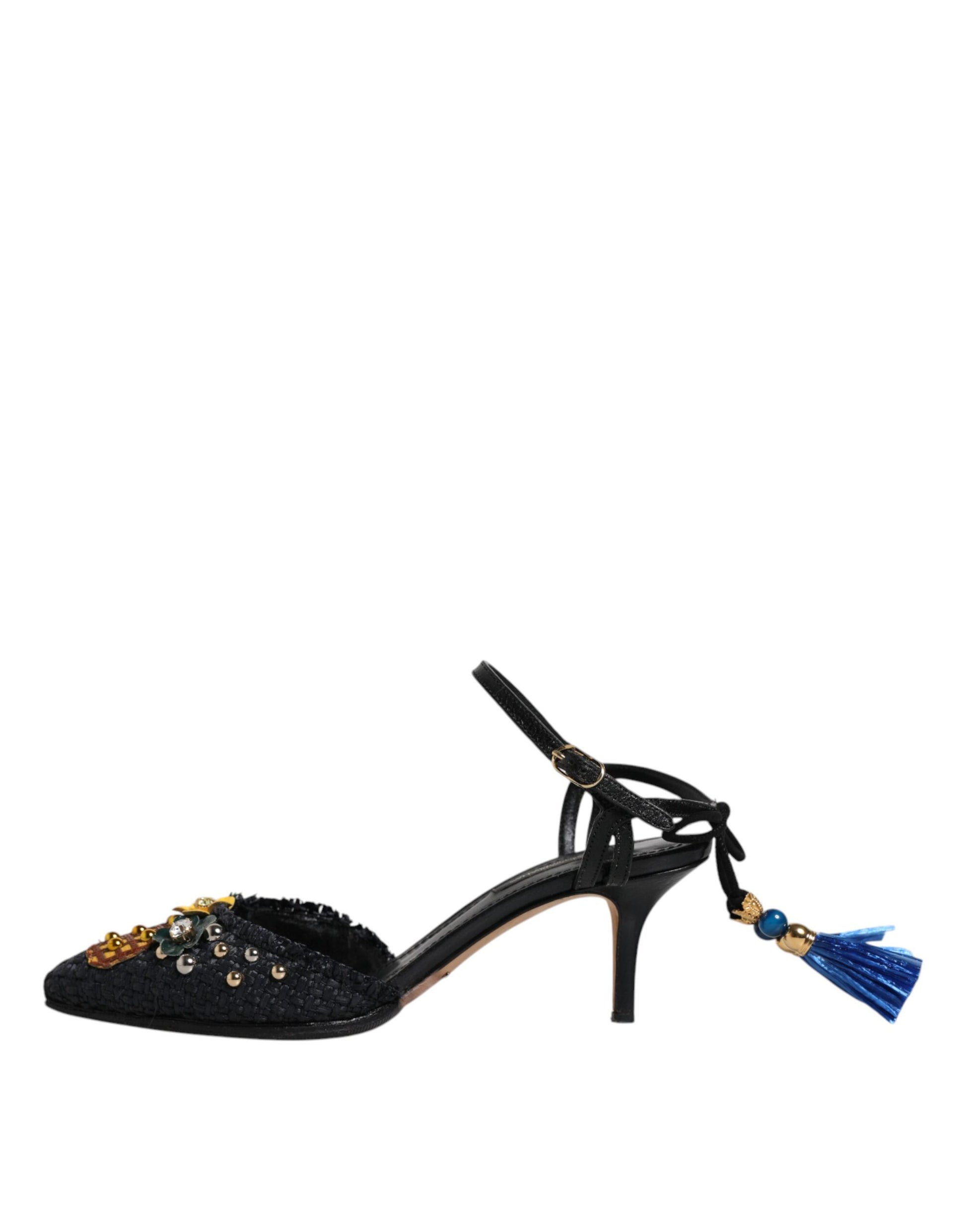 Black high heel shoe with embellishments on toe