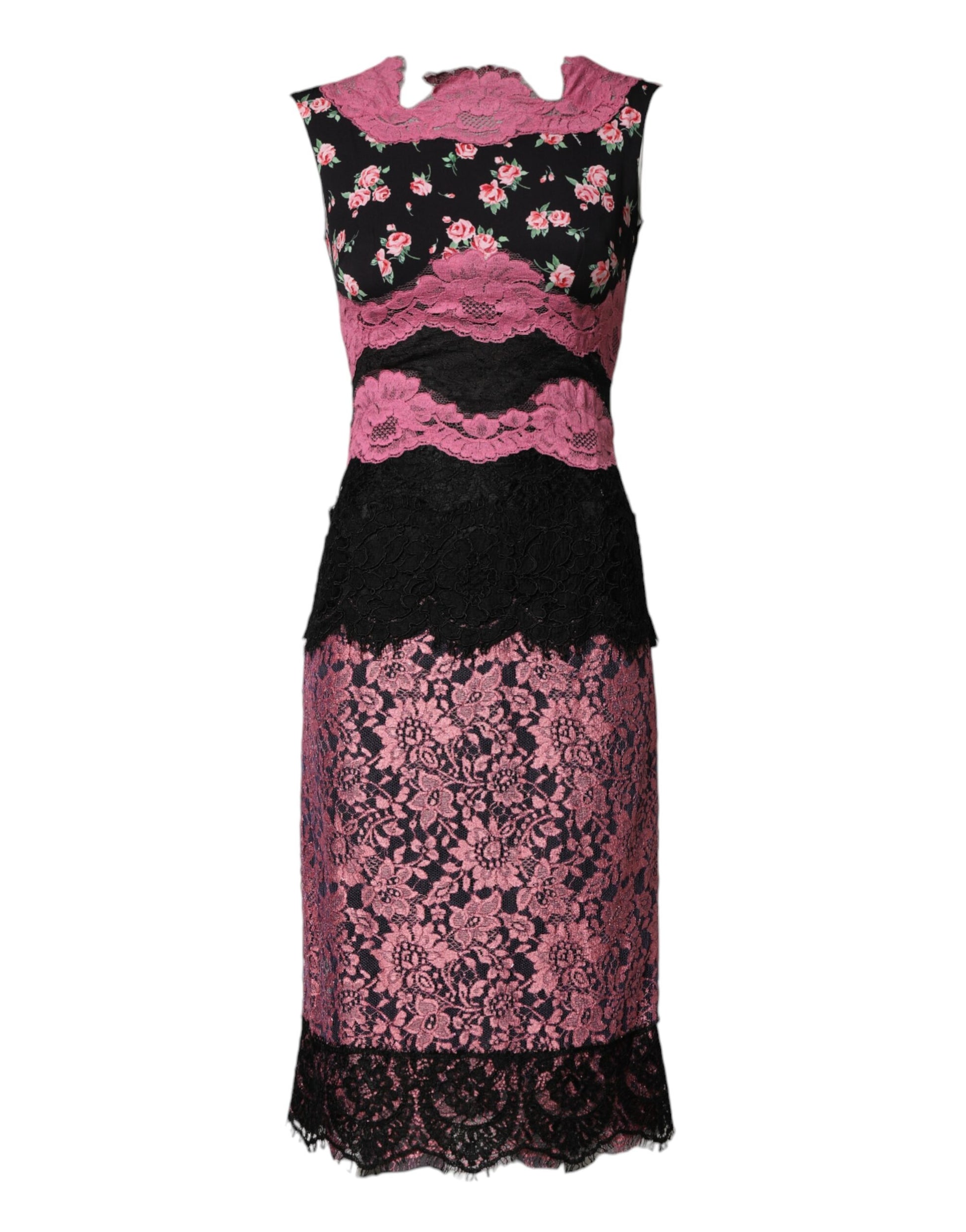 A black pink floral lace silk sheath dress by Dolce & Gabbana