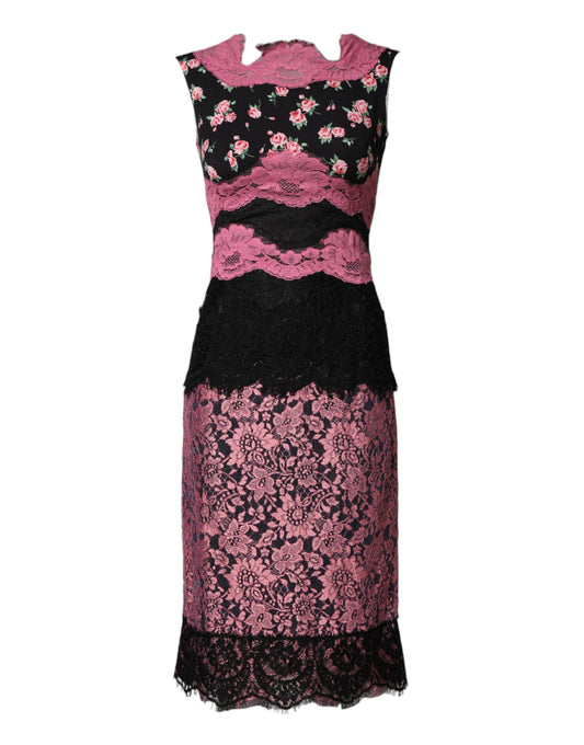 A black pink floral lace silk sheath dress by Dolce & Gabbana