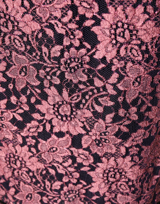 A black pink floral lace silk sheath dress with a detailed pattern